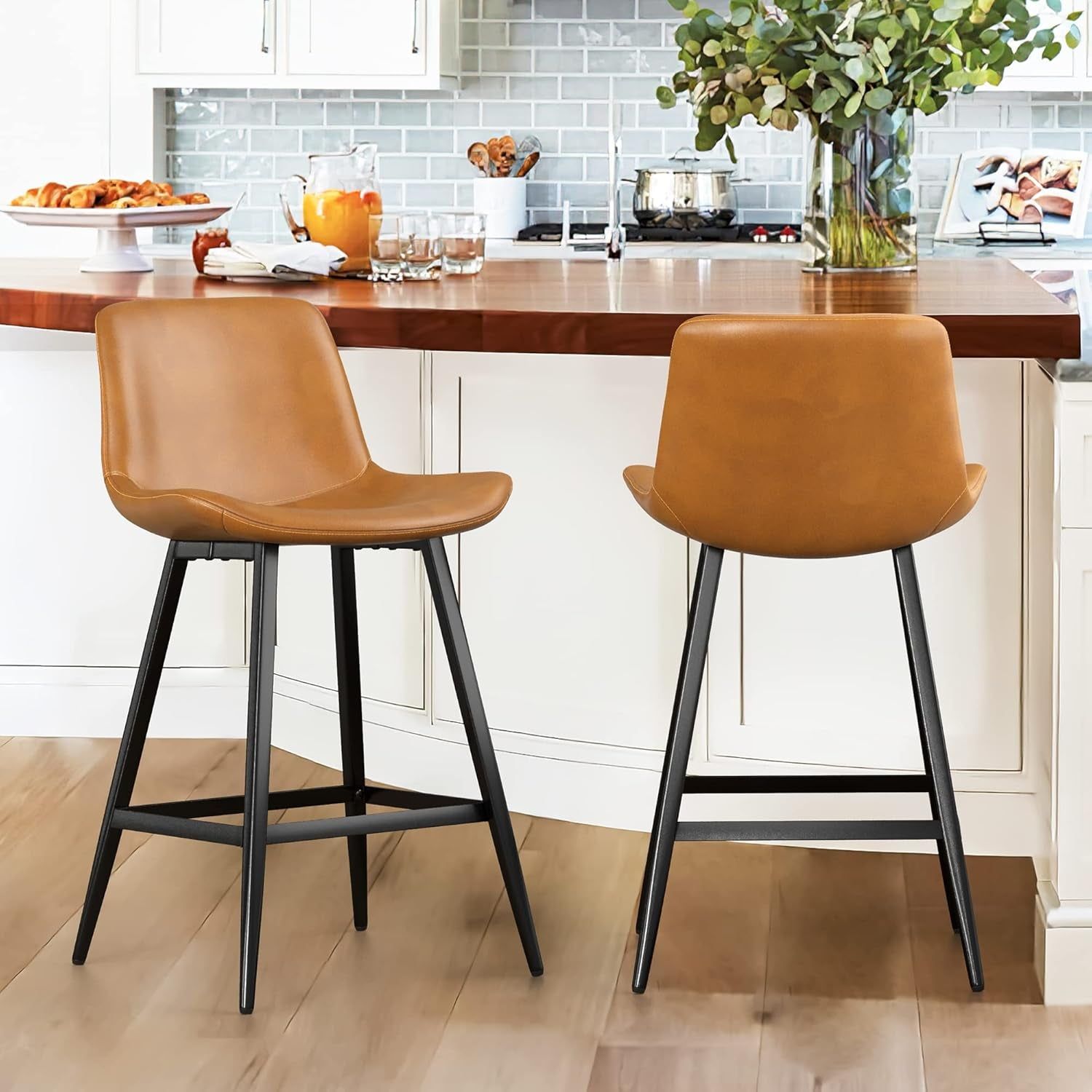 24 Inch Counter Stool, Modern Bucket Barstool, Kitchen Counter with Back and Footrest, Counter Height Bar Stools for Home Kitchen Island Restaurants, Set of 2, Whiskey Brown