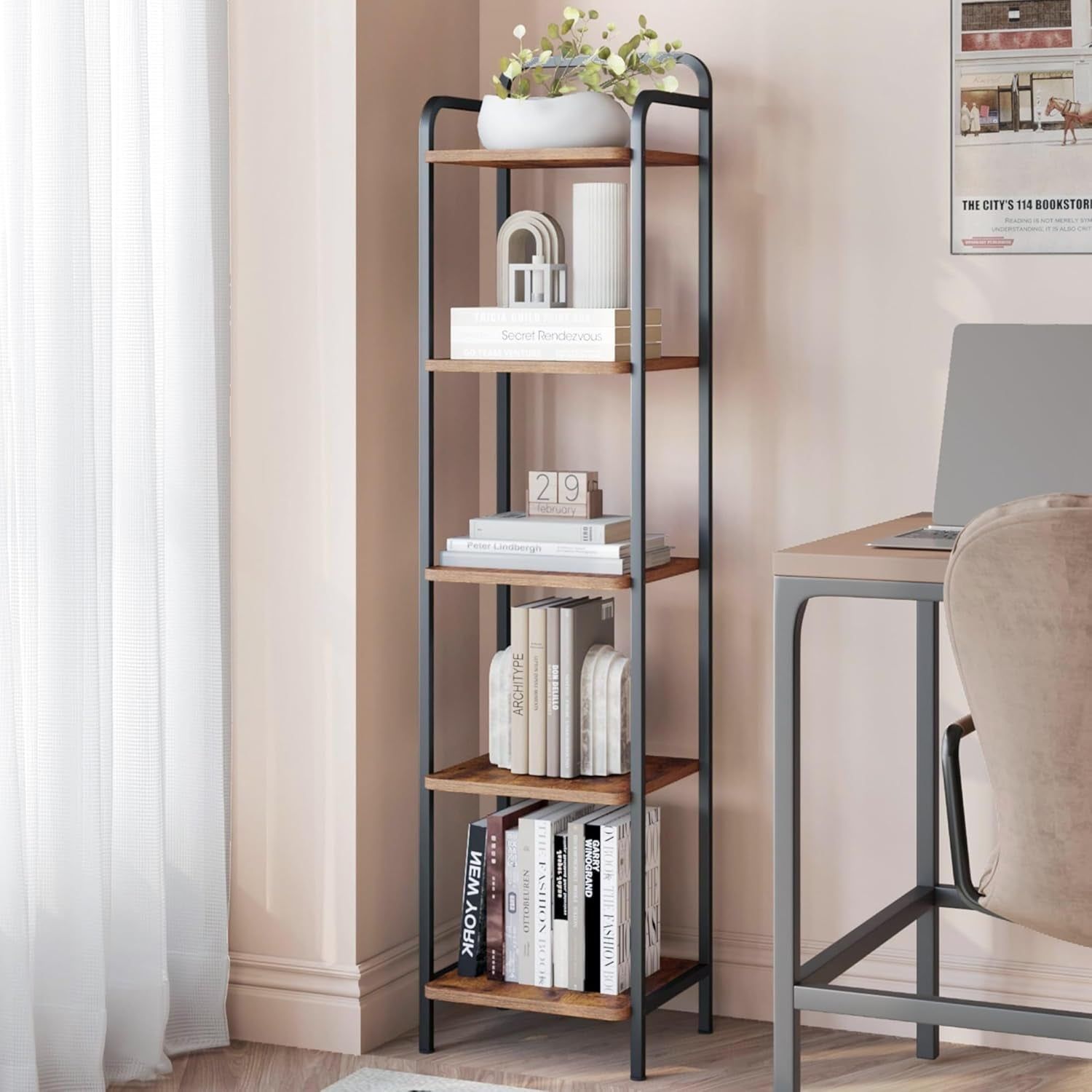 Bookcase Bookshelf, Narrow Book Shelf, Industrial Corner Shelf Storage Organizer, Slim Shelving Unit for Home Office, Living Room, Bedroom, Kitchen, 5-Tier Rustic Brown and Black BC24501B