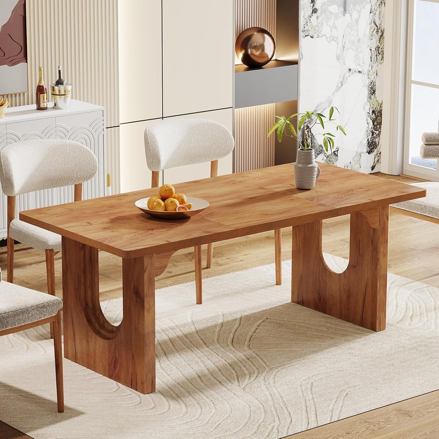 Modern Dining Table for 6 to 8 People, 71&quot; Large Kitchen Dining Table with Wood Pedestal Base, Rectangular Long Dinner Table for Kitchen, Dining Room, Living Room, Rustic Brown