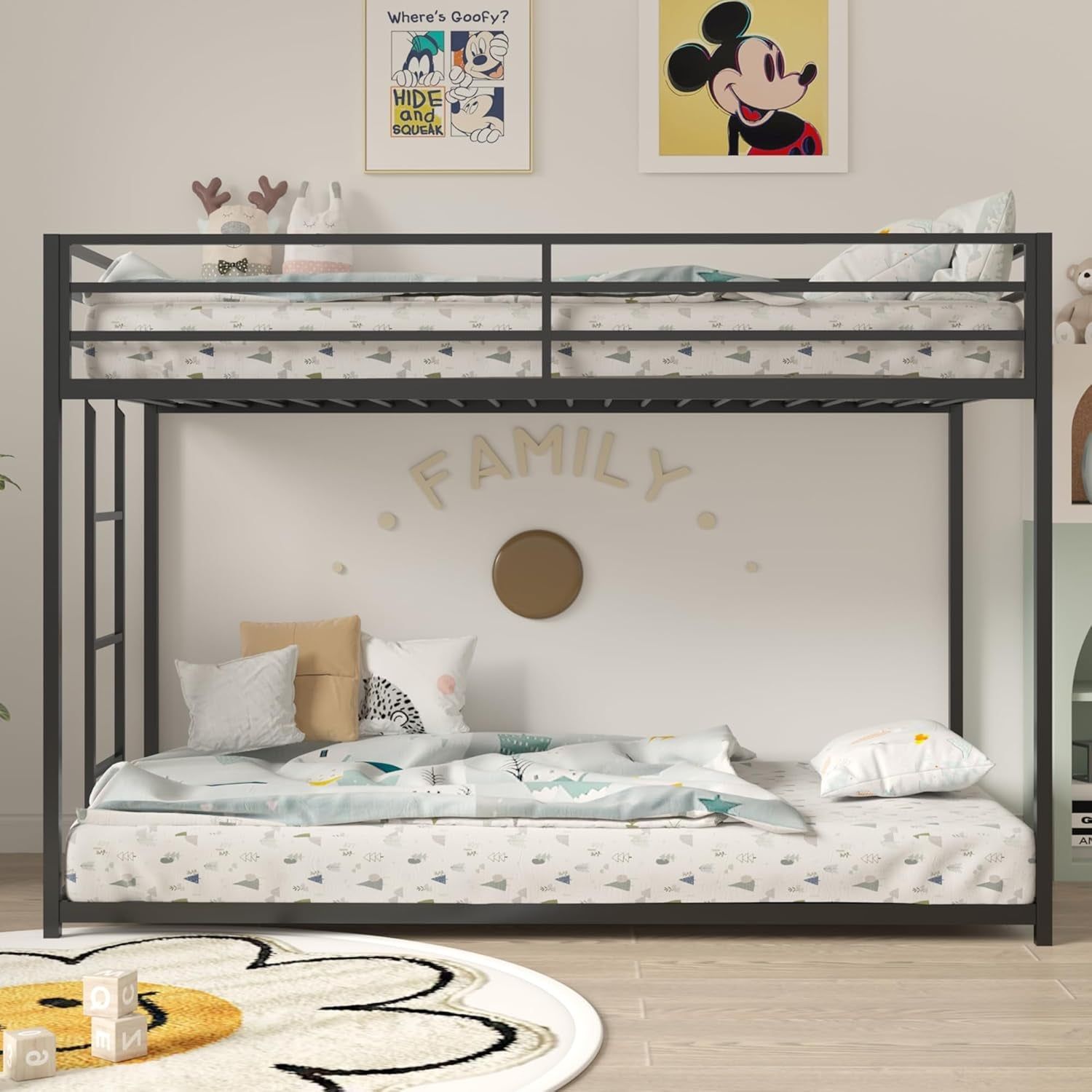 Twin Bunk Bed with Stable Ladder, Twin over Bed Frame with Full-Length Guardrail, Low Platform Bed Frame for Adults, Teens, Boys,Girls, No Box Spring Needed, Black