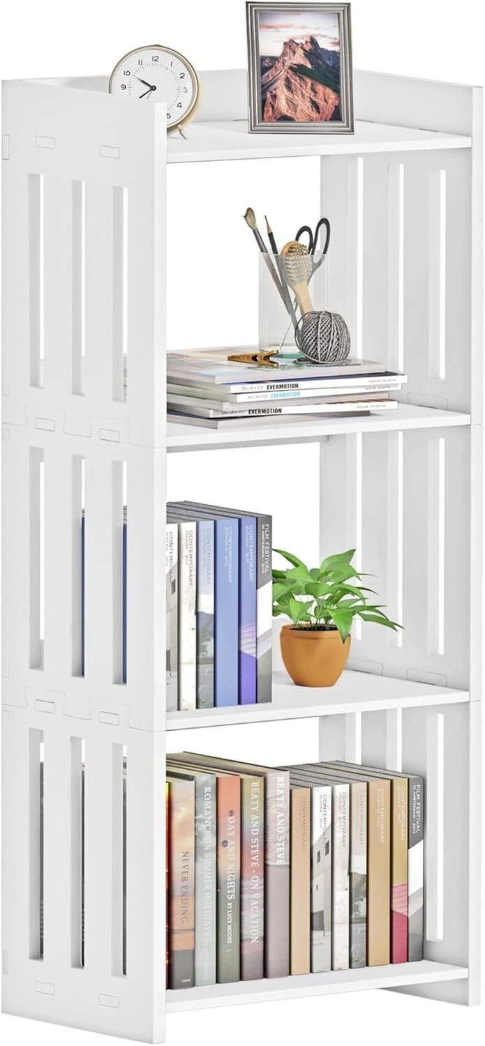 Bookshelf, Bookcase for Small Spaces, 4 Tier Shelf White Book Organizer Storage Display Rack for Kids Room, Living Room, Office, Bedroom and Bathroom