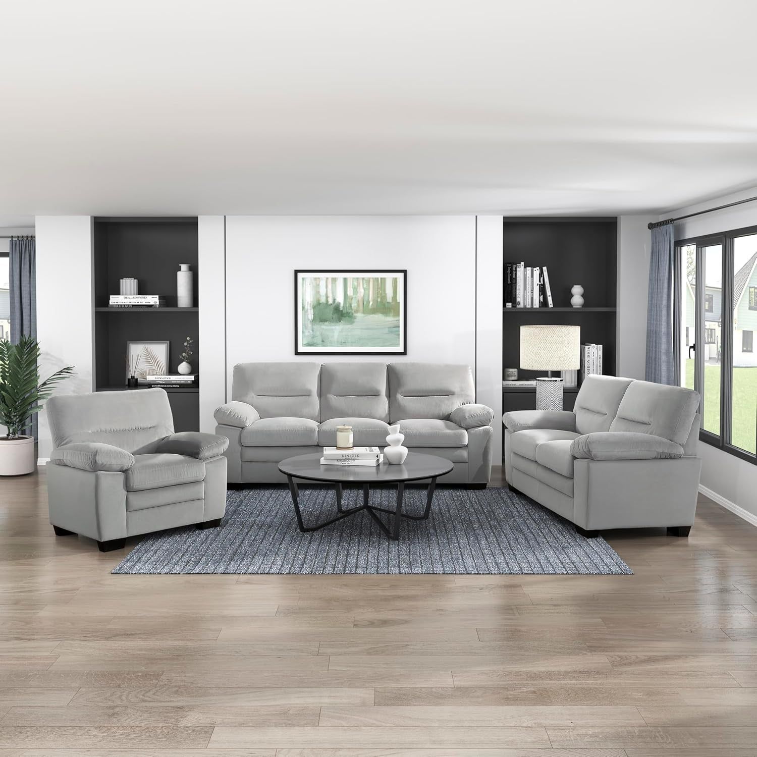 Living Room Furniture Set, Modern Couches for Living Room, Upholstered Couch Set, Including Sofa, Loveseat and Lounge Chair with Solid Wood Frame, 3-Piece Set, Gray