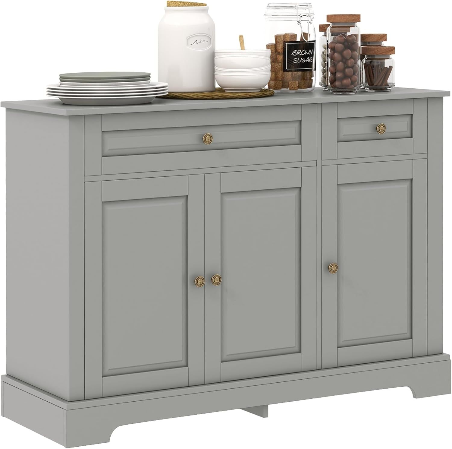 Sideboard Buffet Cabinet, Modern Kitchen Cabinet with 2 Drawers and Adjustable Shelves, Coffee Bar Cabinet, Gray