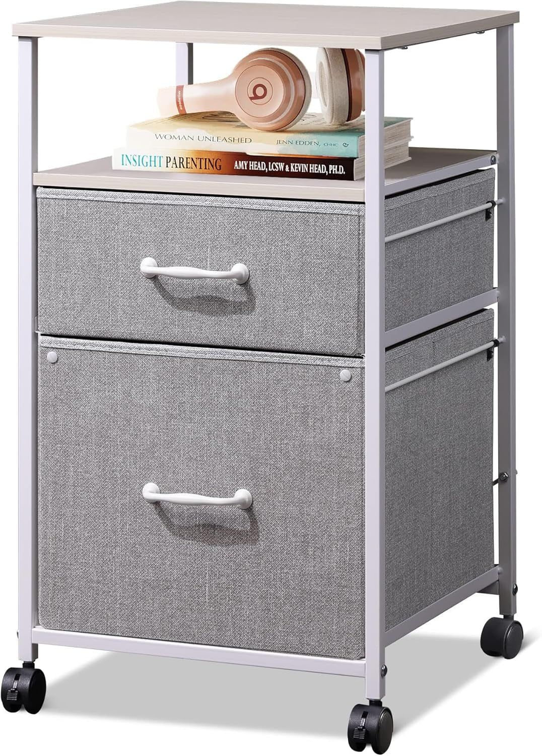2 Drawer Mobile File Cabinet, Rolling Printer Stand with Open Storage Shelf, Fabric Vertical Filing Cabinet Fits A4 or Letter Size for Home Office, Light Grey