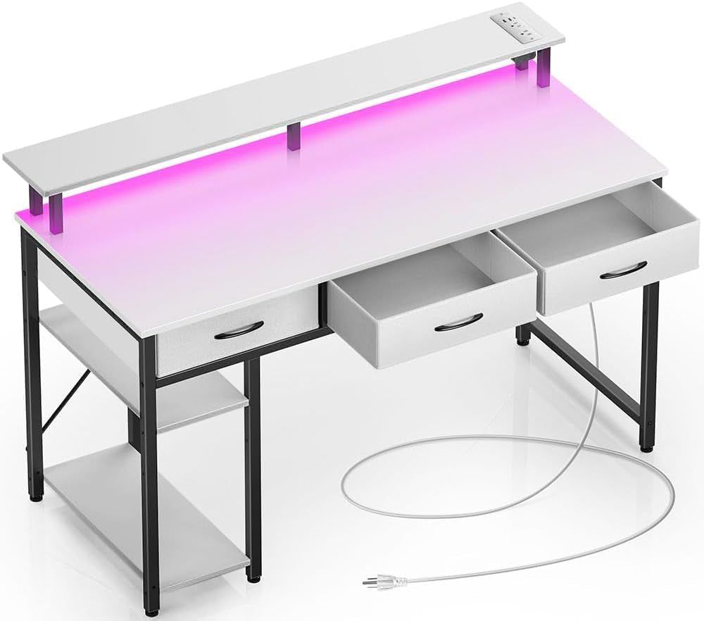 Computer Desk with Power Outlets &amp; LED Light, 47 Inch Home Office Desk with Drawers and Storage Shelves, Writing Desk with Monitor Stand, Modern Work Study Desk for Home Office, White