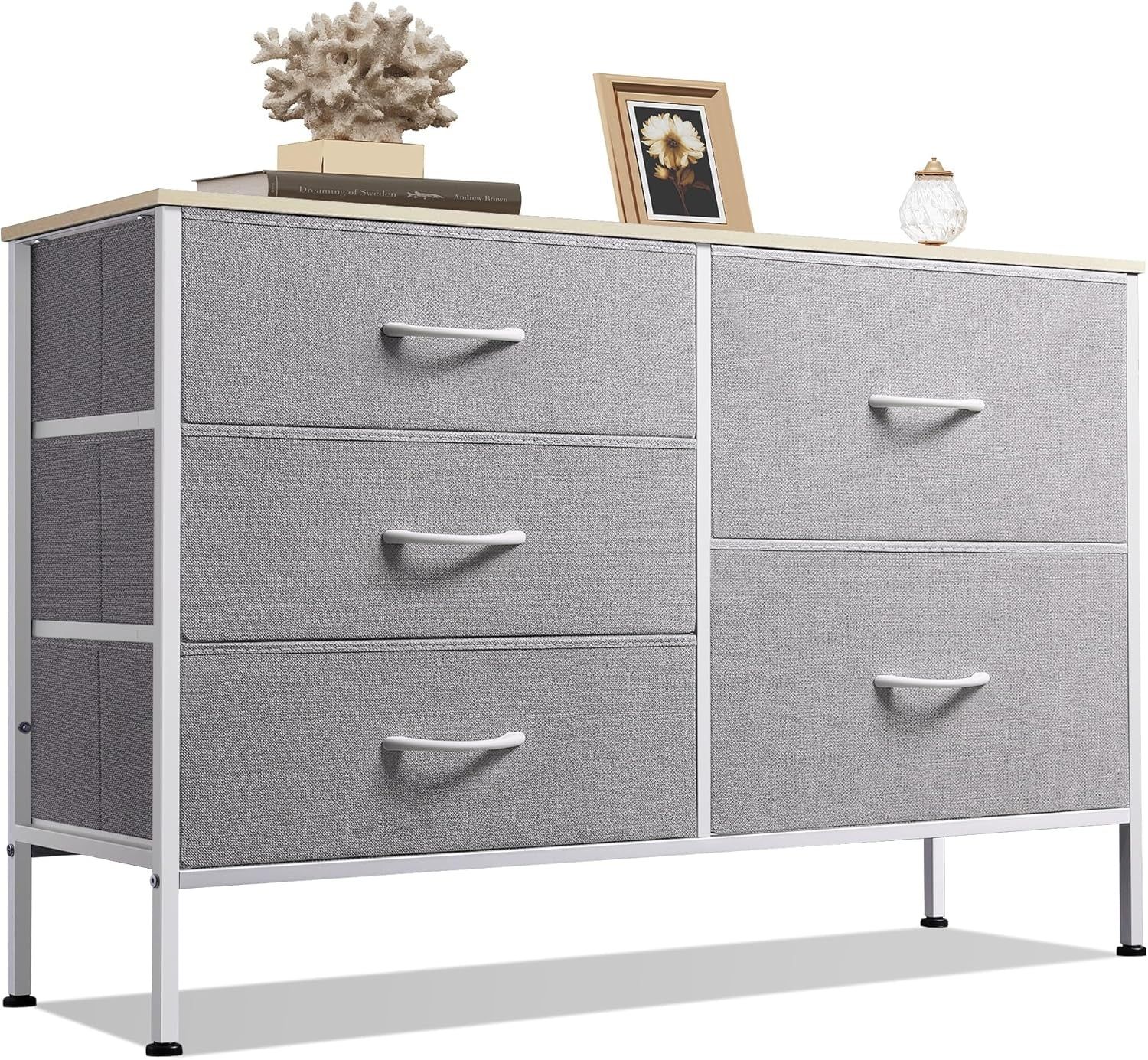 Dresser for Bedroom with 5 Drawers, Wide Bedroom Dresser with Drawer Organizers, Chest of Drawers, Fabric Dresser for Living Room, Closet, Hallway, Light Grey