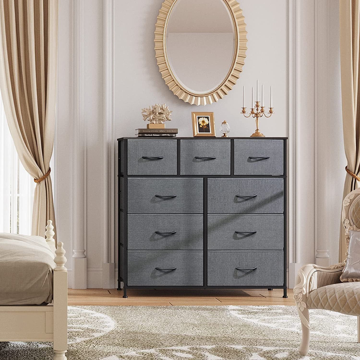 Fabric Storage Tower with 9 Drawers, Dark Grey