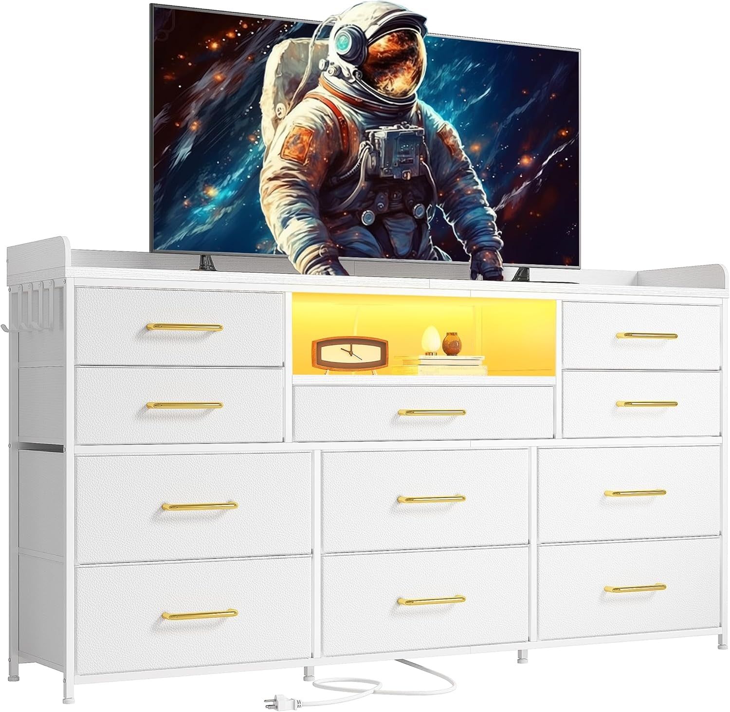 Dresser TV Stand with 11 Drawers for 60&quot; TV Stand for Bedroom with LED Lights &amp; Power Outlets Long Dresser for Bedroom with Shelves &amp; 4 Hooks Sturdy Metal Frame &amp; Wood Top, White
