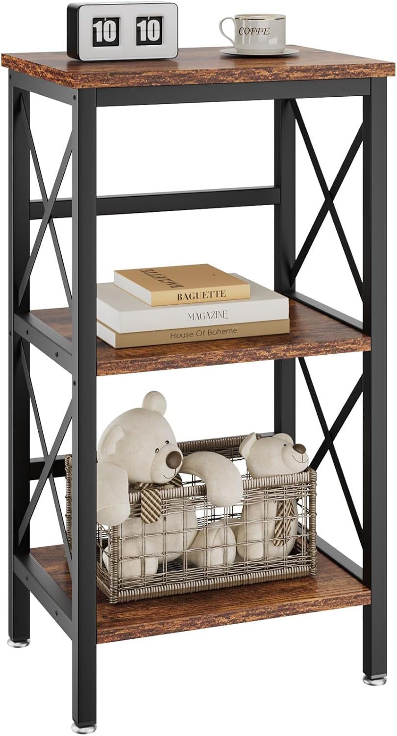 3 Tiers Bookcase, Industrial Metal Bookshelf with Side Fence, Storage Organizer for Living Room, Home Office, Bedroom, Display Racks, Sofa Side Table, Rustic Brown, 29.5*15.75*11.4&quot; UHST008H