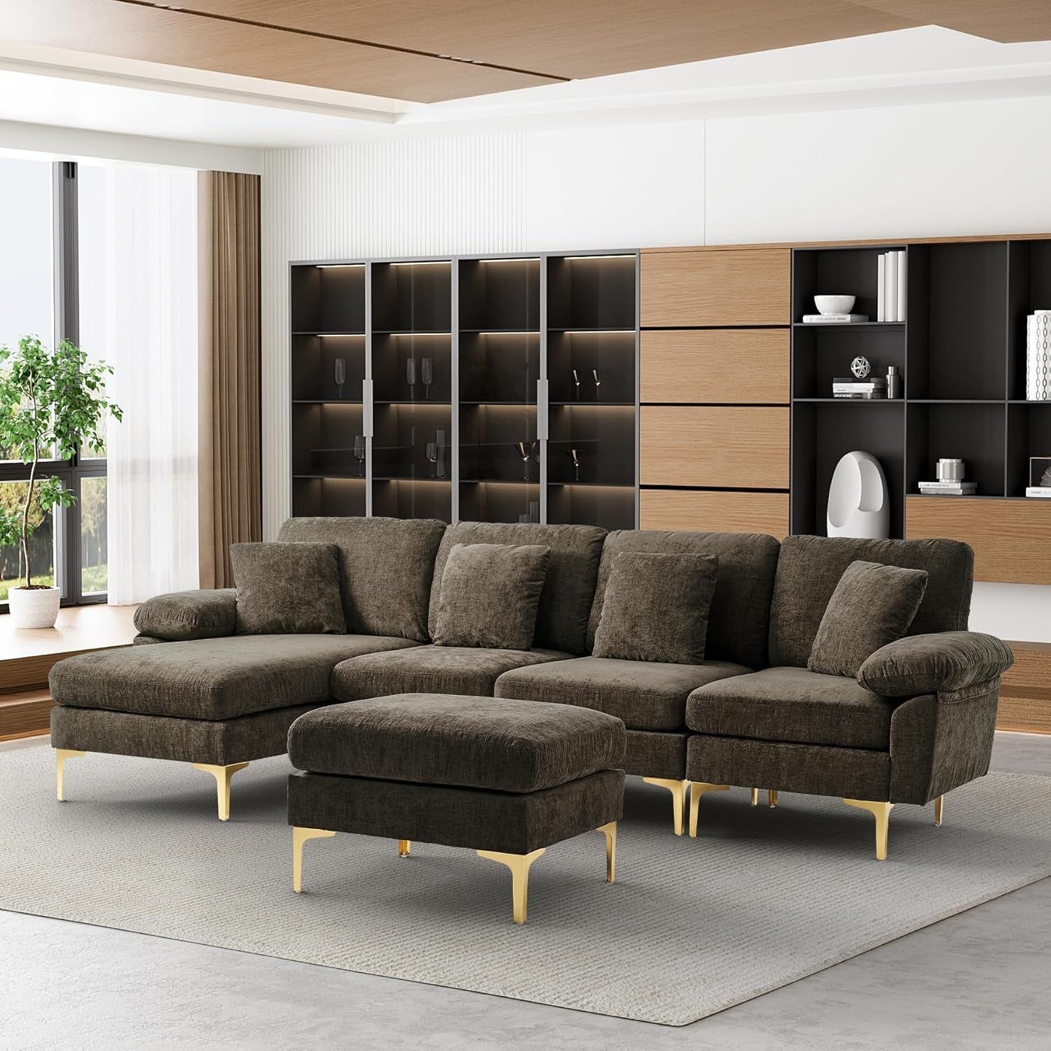 U-Shaped Sectional Sofa Couch, 4 Seat Sofa Set for Living Room, Convertible L-Shaped Chenille Couch Set with Chaise Lounge, Ottoman and Pillows,114 Inches (Brown)