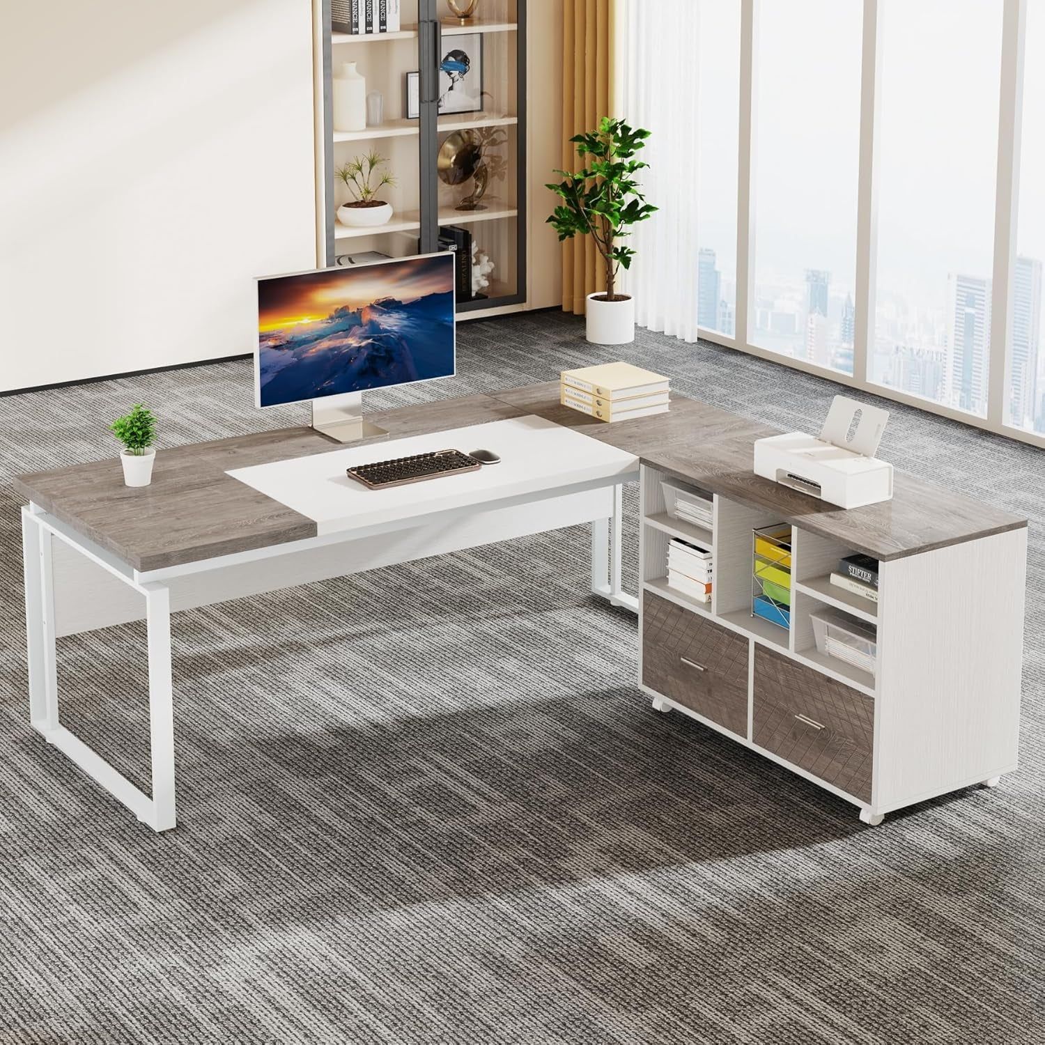 L-Shaped Executive Desk with Reversible File Cabinet, 63&quot; Office Desk with Storage Drawers, L-Shaped Computer Desk with Drawer Cabinet for Hanging Letter Size Files,Gray &amp; White