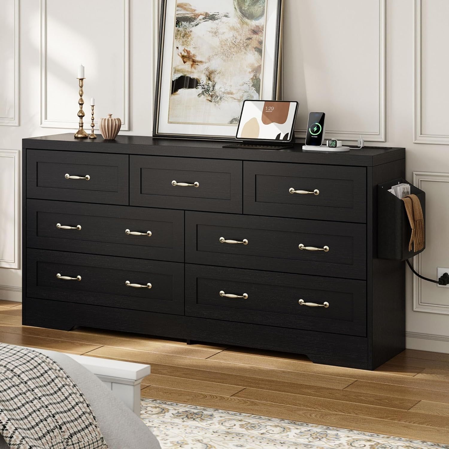 Farmhouse 7 Drawer Dresser for Bedroom, Large Modern Dresser TV Stand with Large Drawers &amp; Bar Handles, Storage Dressers with Power Outlets, Rustic Wood Chest of Drawers, Black