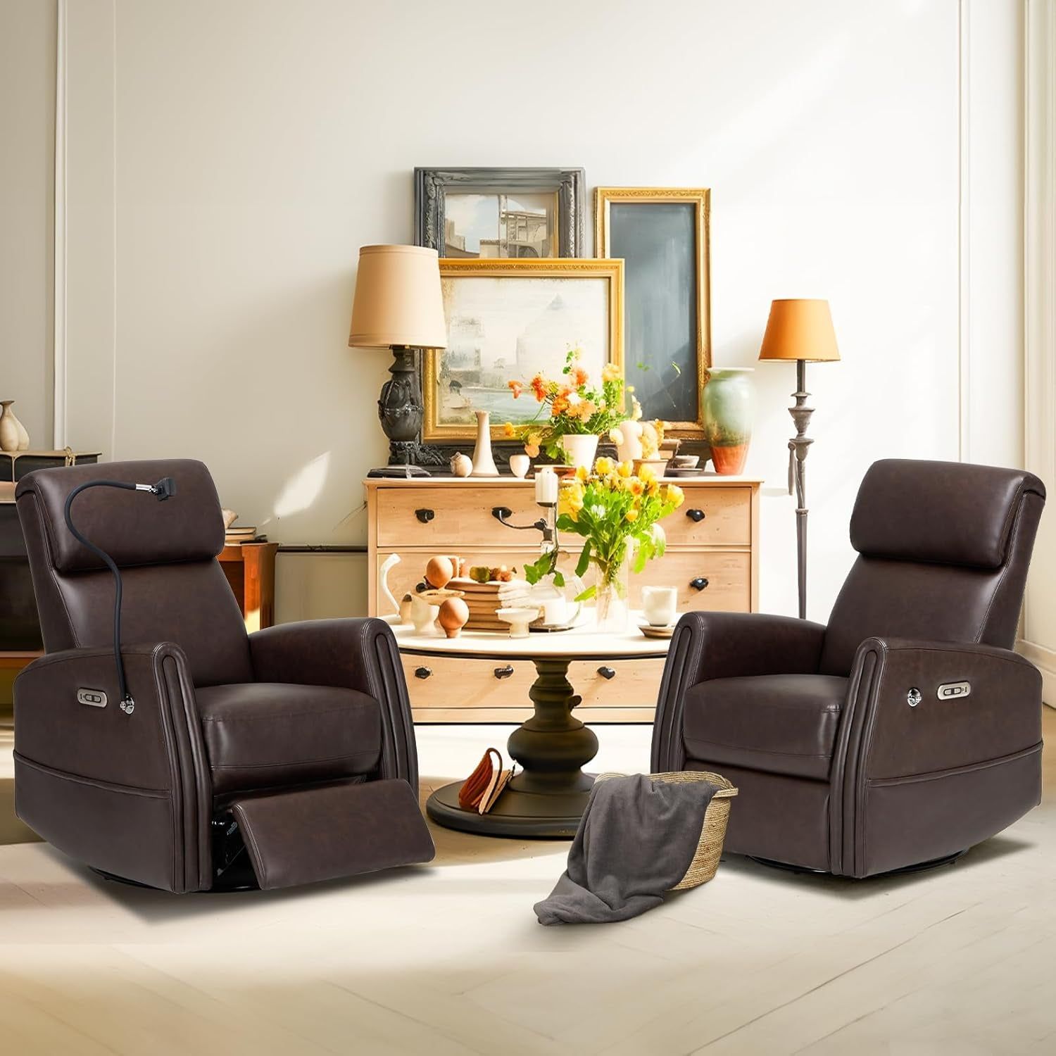 Power Recliner Chairs Swivel Glider Rocker for Nursery, Upholstered Faux Leather Living Room Rocking Reclining Single Sofa Chair with 2 Device Holders, Chocolate, Set of 2