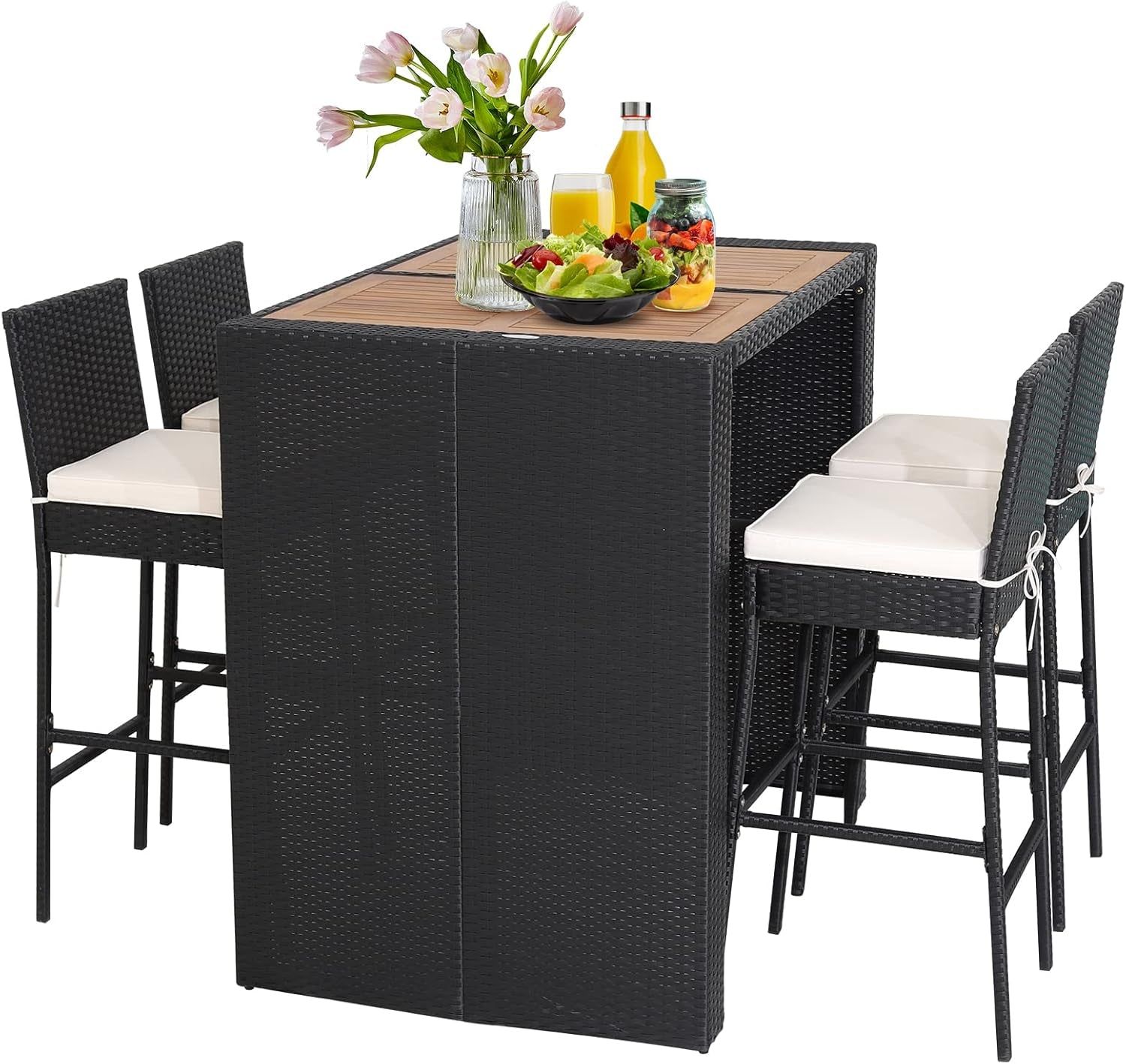 5 Piece Patio Wicker Bar Set, Patiojoy Outdoor Acacia Wood Bar Height Table &amp; 4 Rattan Bar Stool Chairs with Backrest and Footrest, Outdoor Dining Bistro Set
