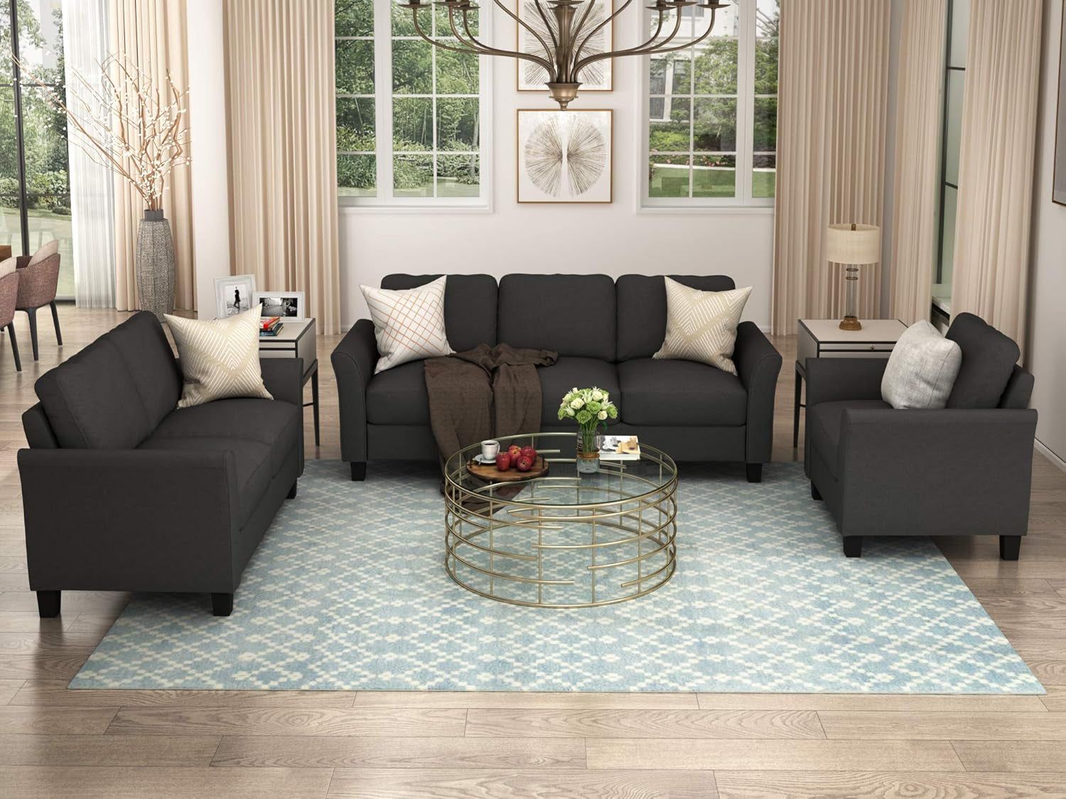 3 Piece Comfy Living Room Sofa Sets,Modern Polyester-Blend Upholstered 80&quot; W Three Seater Sofa &amp; 55.3&quot; W Loveseat Couch and 32.7&quot; W Singel Armchair for Bedroom, Small Space, Apartment, Office