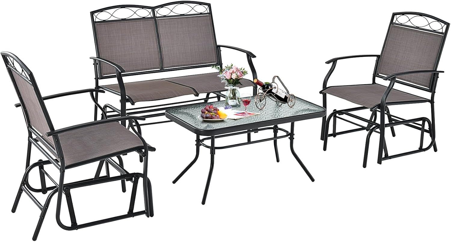 4 Pcs Patio Glider Set, Outdoor Gliding Loveseat W/Tempered Glass Coffee Table, Heavy-Duty Patio Furniture Set for Backyard, Porch, Poolside (4 PCS Patio Glider Set)