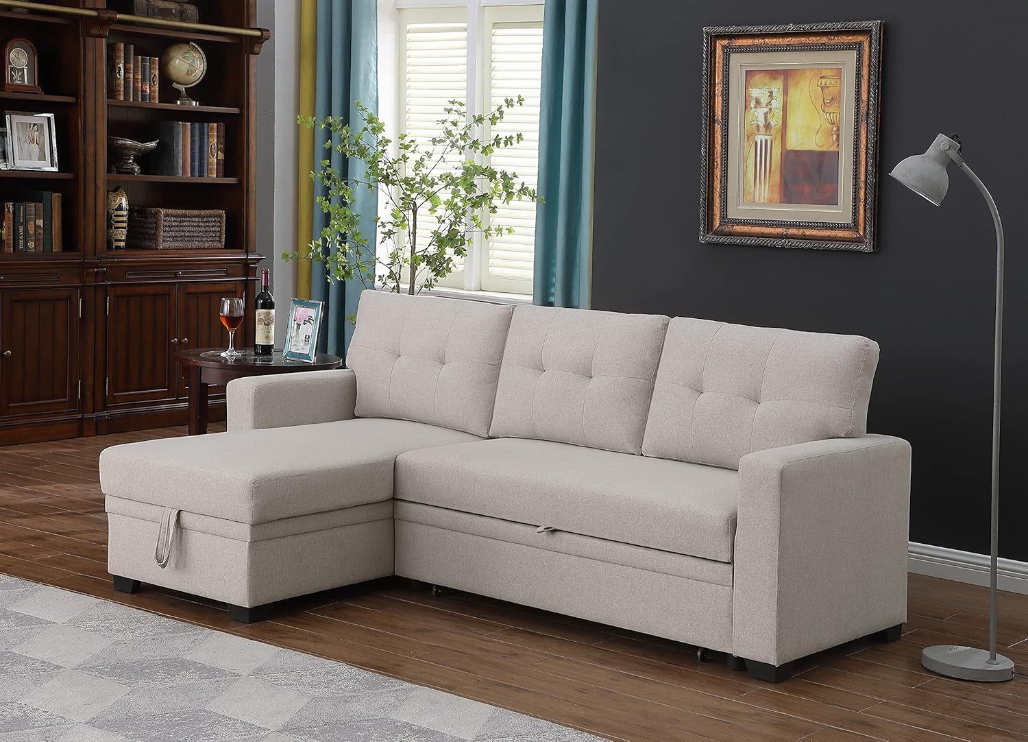 Meridian 4-In-1 Convertible L Shaped Couch with Pull Out Bed and Storage, Sectional Sleeper Sofa with Reversible Chaise for Living Room, Apartment, Bedroom, Office