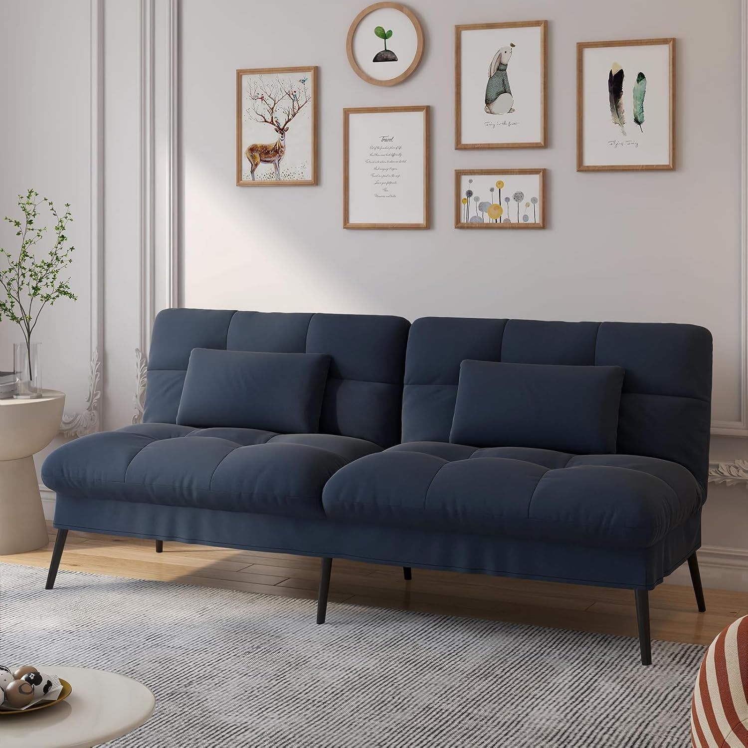 Convertible Futon Sofa Bed, 68″Fabric Futon Couch with Adjustable Backrest, Folding Futon Sleeper Recliner for Living Room Furniture (Drak Blue)