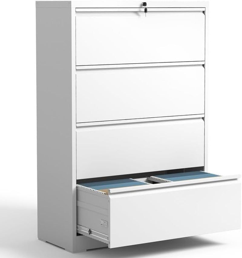 Lateral File Cabinet 4 Drawer, Metal File Cabinets for Home Office Legal/Letter A4 Size, File Cabinet with 4 Lock, Require Assembly(White)