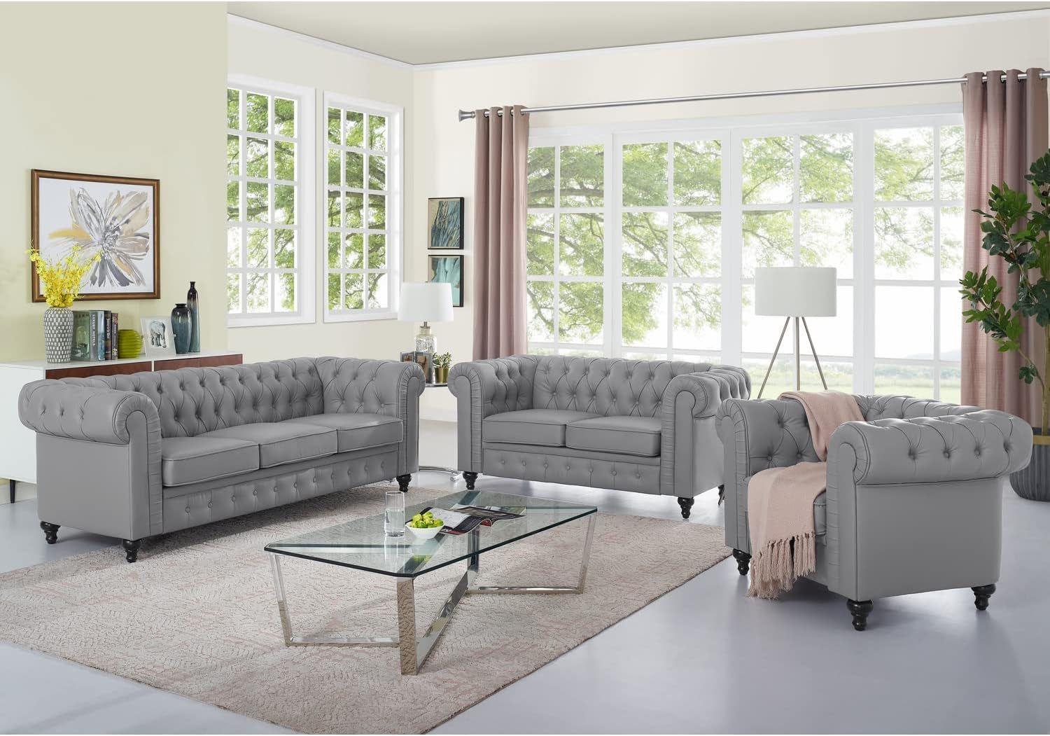 Chesterfield Sofa Set 3 Piece Muebles Para La Sala Juegos Living Room Set Modern Furniture Leather Sofa Set Couches for Living Room Furniture Sets Couch Sets for Living Room 3 Piece - Gray