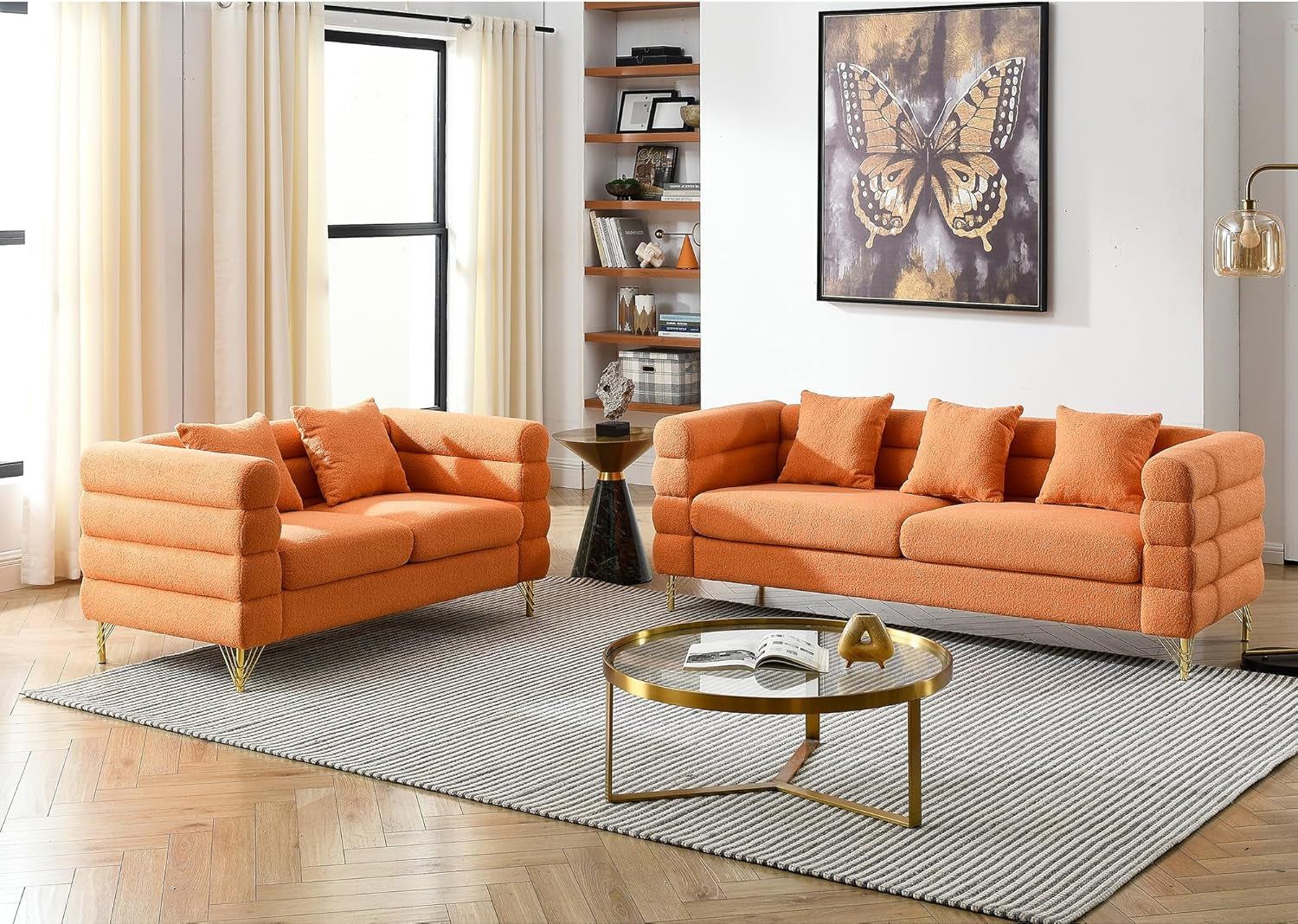 Sofa,Sofa Set of 2,Oversize 2/3 Seater Extra Deep Seat Sofa,Modern Upholstered Futon Sofa Couch, Comfy Teddy Bouclé Cloud Sofa,Furniture for Living Room,Bedroom,Office,Apartment(Orange)