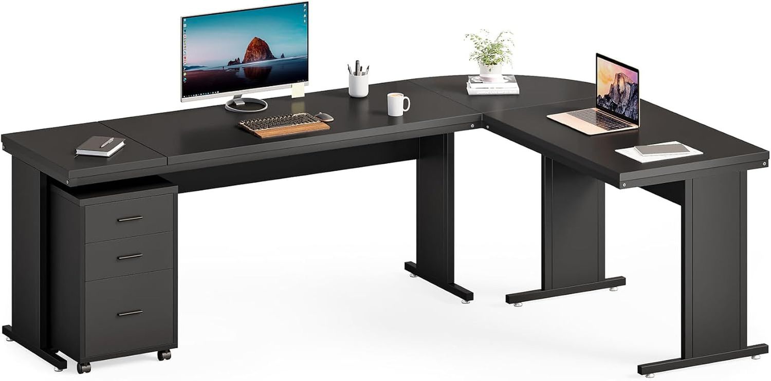 82.67&quot; Long Executive Desk Large L-Shaped Computer Office Desk with 3-Drawer Mobile File Cabinet, Industrial Business Furniture Desk Workstation for Home Office, Black