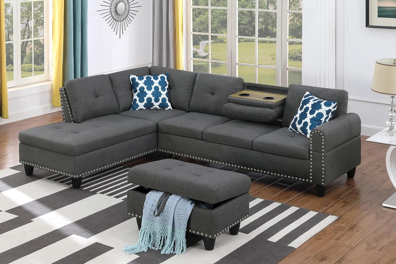 Linen Upholstery Sectional Sofa with Chaise Lounge and Drop down Backrest &amp; Cupholders, L Shaped Corner Couch with Storage Ottoman Set,Button Tufted for Living Room,Office (Left Hand Facing)