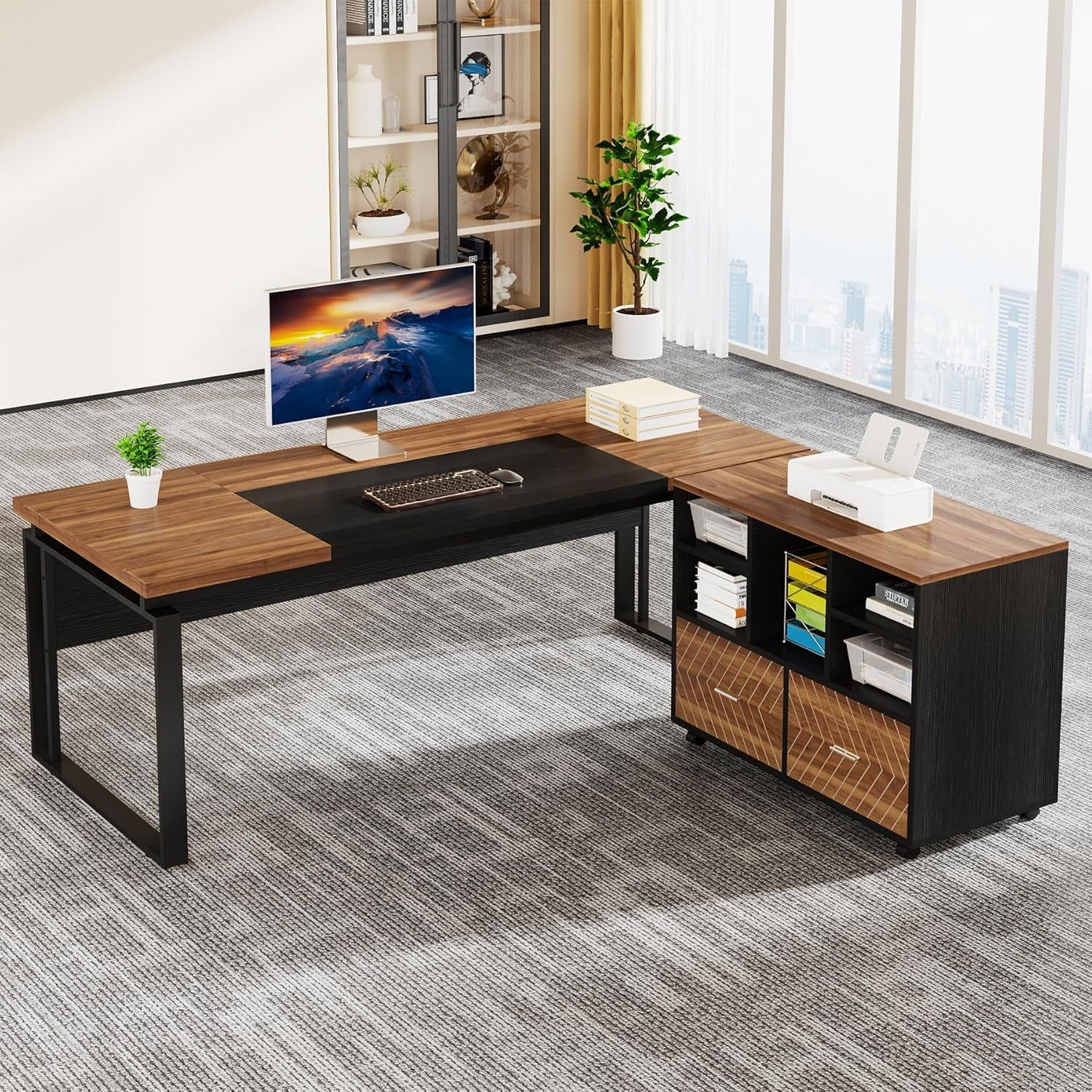 L-Shaped Executive Desk with Reversible File Cabinet, 63&quot; Office Desk with Storage Drawers, L-Shaped Computer Desk with Drawer Cabinet for Hanging Letter Size Files (Walnut &amp; Black)