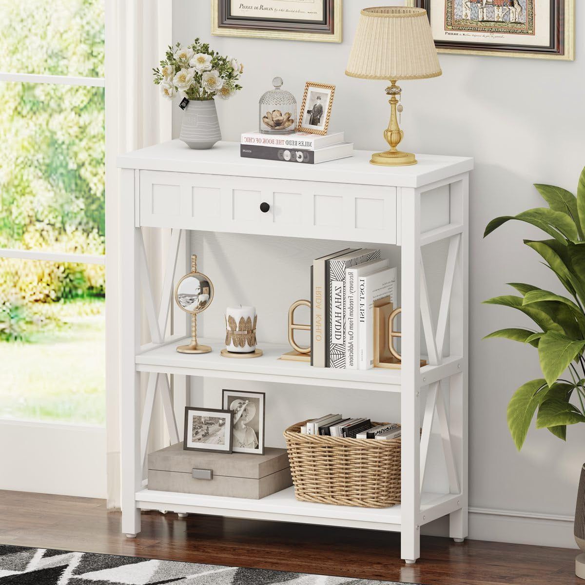 Small Bookcase with Drawer, Wood and Metal Bookshelf for Small Space, Short Book Shelf and Low Book Case for Living Room (White Oak)