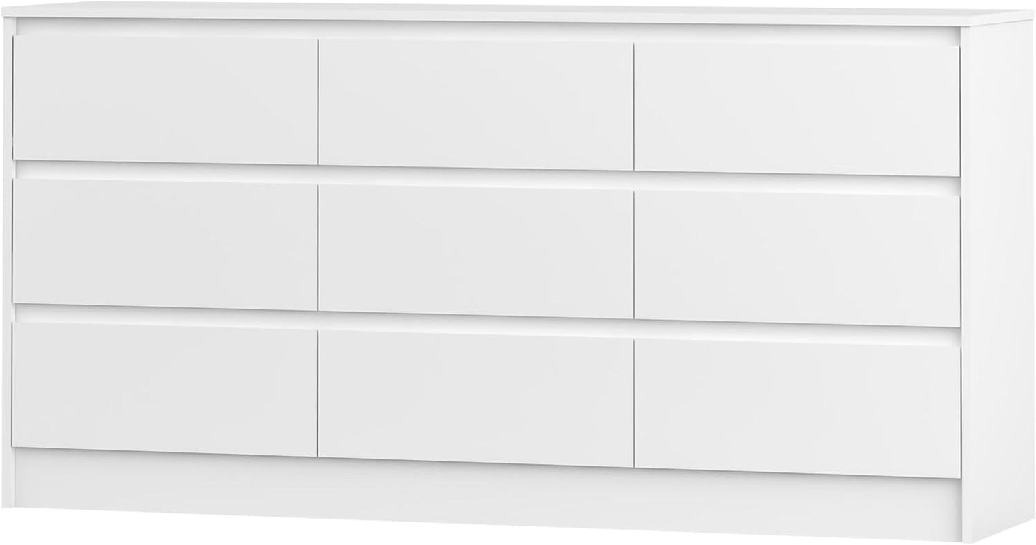 Modern 9 Drawer Wood Dresser for Bedroom, Large Floor Storage Drawer Cabinet Lateral Chest of Drawers Handle Free Organizer for Closet Living Room (White, 9 Drawer)