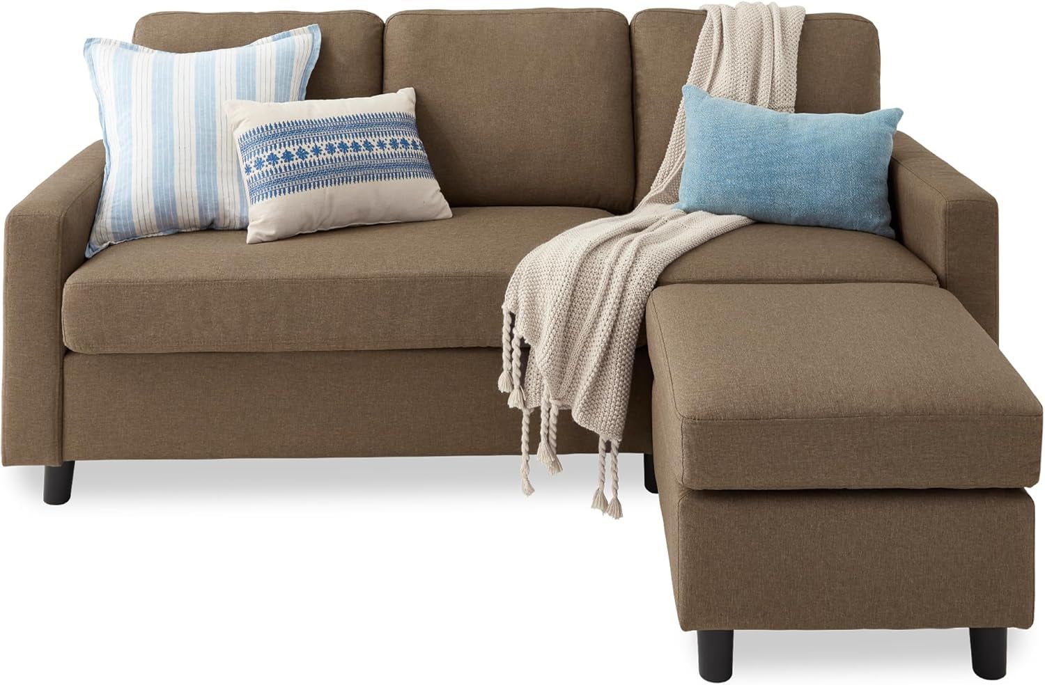 Upholstered Sectional Sofa for Home, Apartment, Dorm, Bonus Room, Compact Spaces W/Chaise Lounge, 3-Seat, L-Shape Design, Reversible Ottoman Bench, 680Lb Capacity - Brown