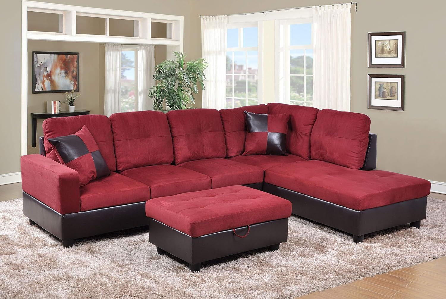 3-Piece Contemporary Sectional Sofa with Chaise and Storage Ottoman for Living Room Furniture | Faux Leather &amp; Microfiber Upholstery | Removable High Density Memory Foam Cushions (Red,Right-Facing)
