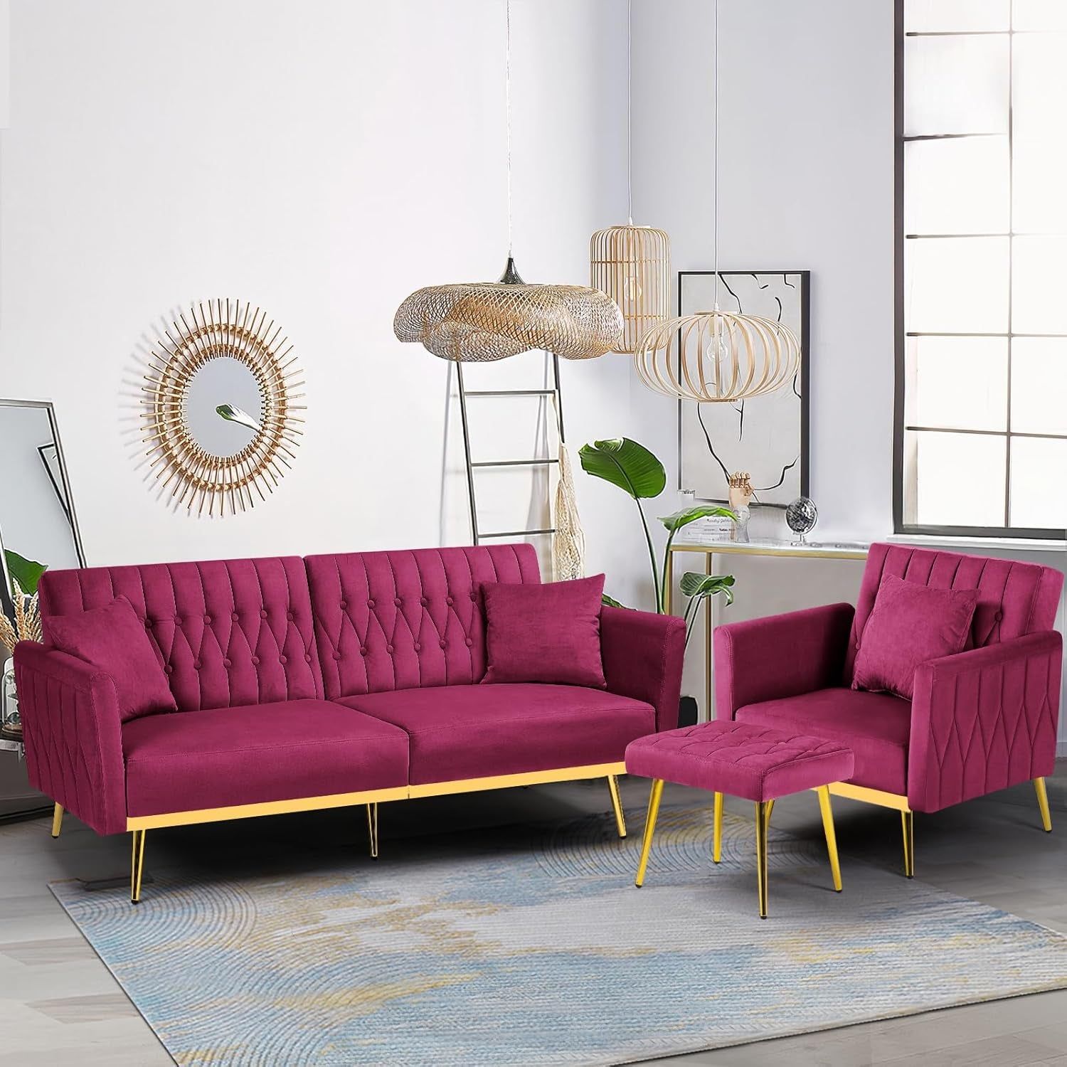 2 Pieces Velvet Futon Sofa Set with Adjustable Backrests and Armrests, 70” Convertible Sofa Bed &amp; Tufted Accent Chair with Ottoman for Living Room, Fuchsia