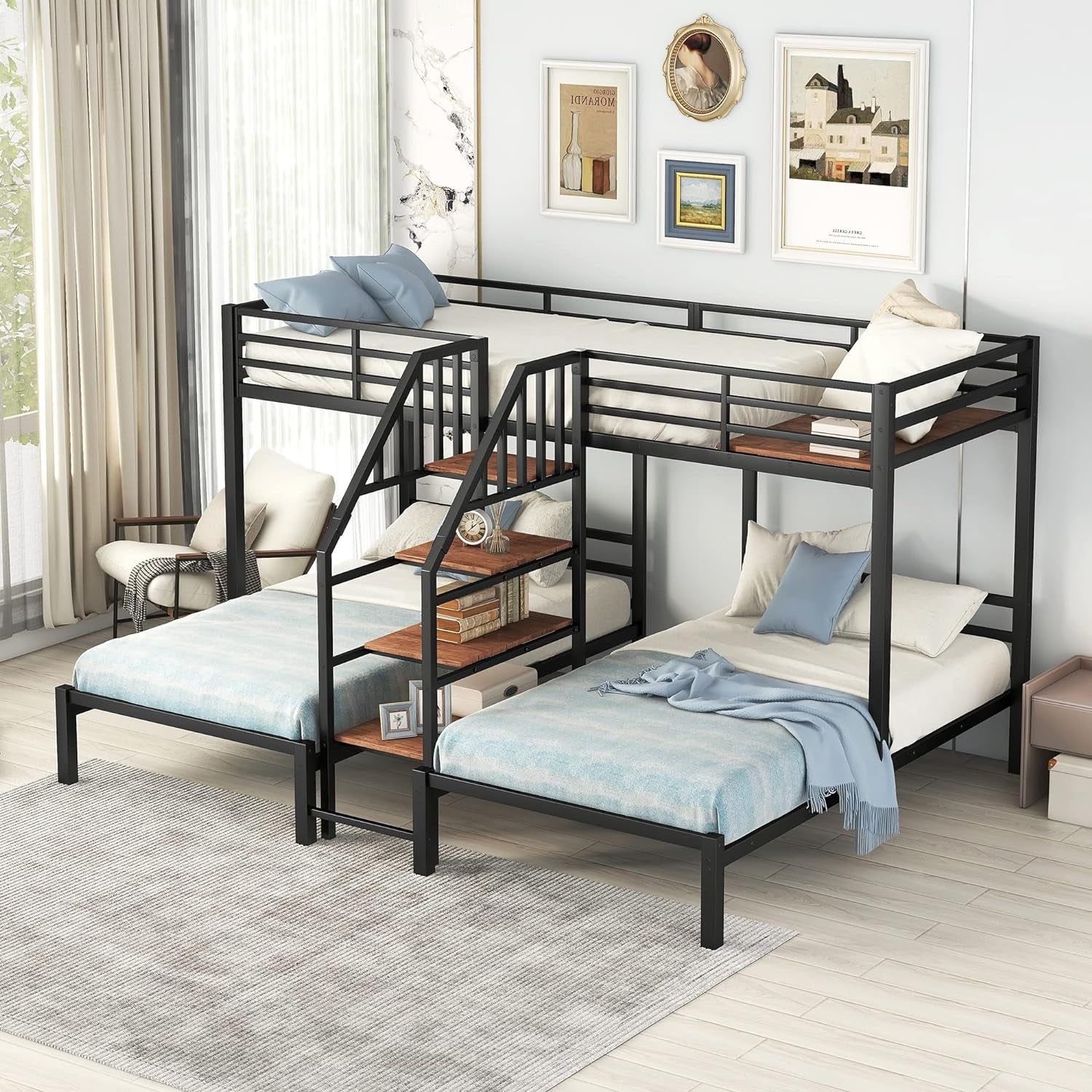 Triple Bunk Bed with Storage Stairs, Twin over Twin &amp; Twin Bunk Bed for 3, Metal Bunk Bed with Shelves for Kids Teens Adults, No Box Spring Needed (Black)