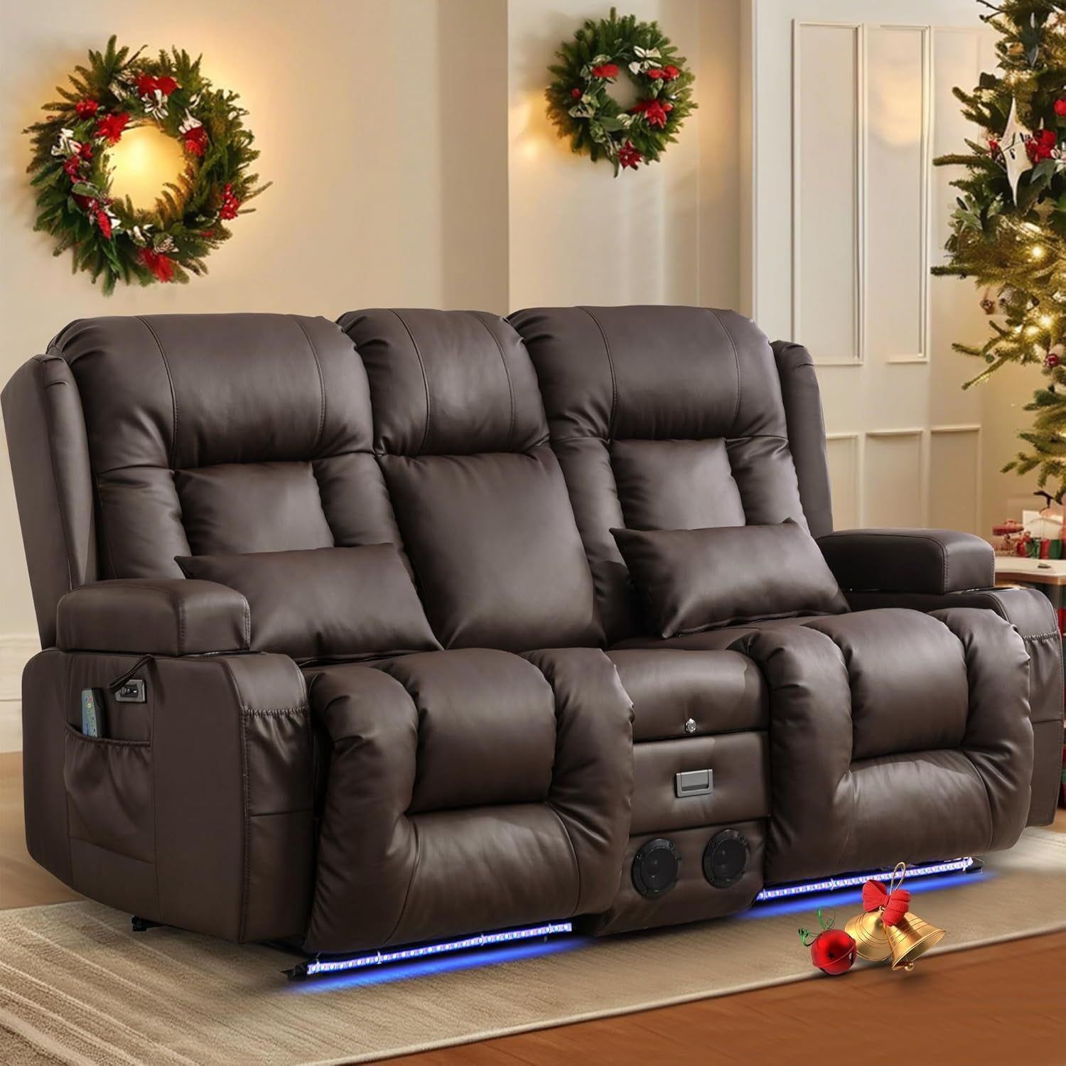 Power Loveseat Recliner Sofa with Massage &amp; Heat Home Theater Seating with Console Electric Recliner RV Sofa with Usb/Outlet/Storage/Side Pocket/Led Light/Speaker (Brown, Loveseat)