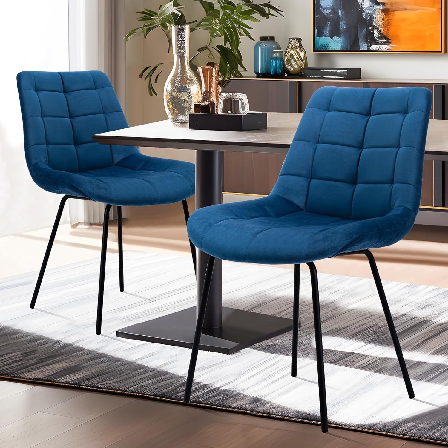 Velvet Dining Chairs, Upholstered Reception Chairs, Tufted Accent Chair with Metal Legs for Home Kitchen, Living Room, Set of 2, Blue