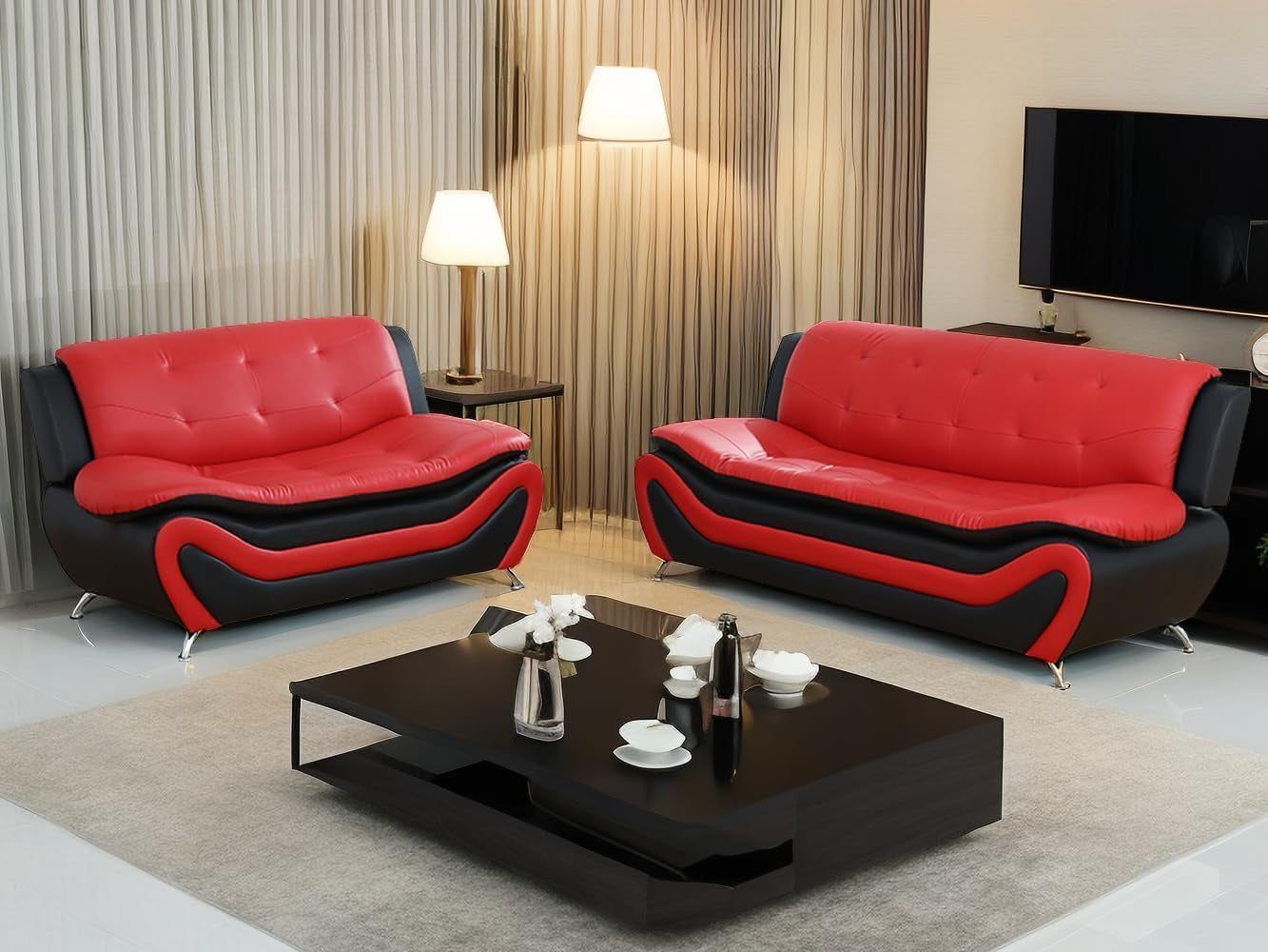 Contemporary Living Room Furniture Set, Faux Leather Sofa Set for Living Room/House/Bedroom/Office/Apartment (Red/Black, Sofa,Loveseat)