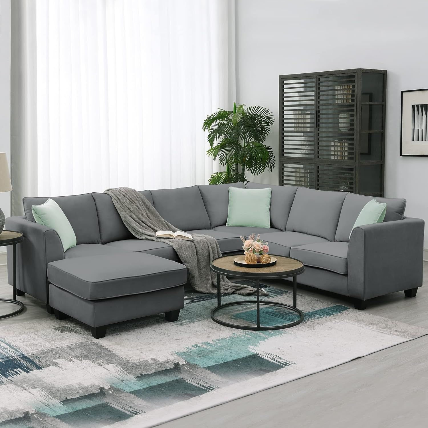 Modern Large U-Shape Sectional Sofa, 7 Seat Fabric Sectional Sofa Set with Movable Ottoman, L Shape Sectional Sofa Corner Couch with 3 Pillows for Living Room Apartment, Office