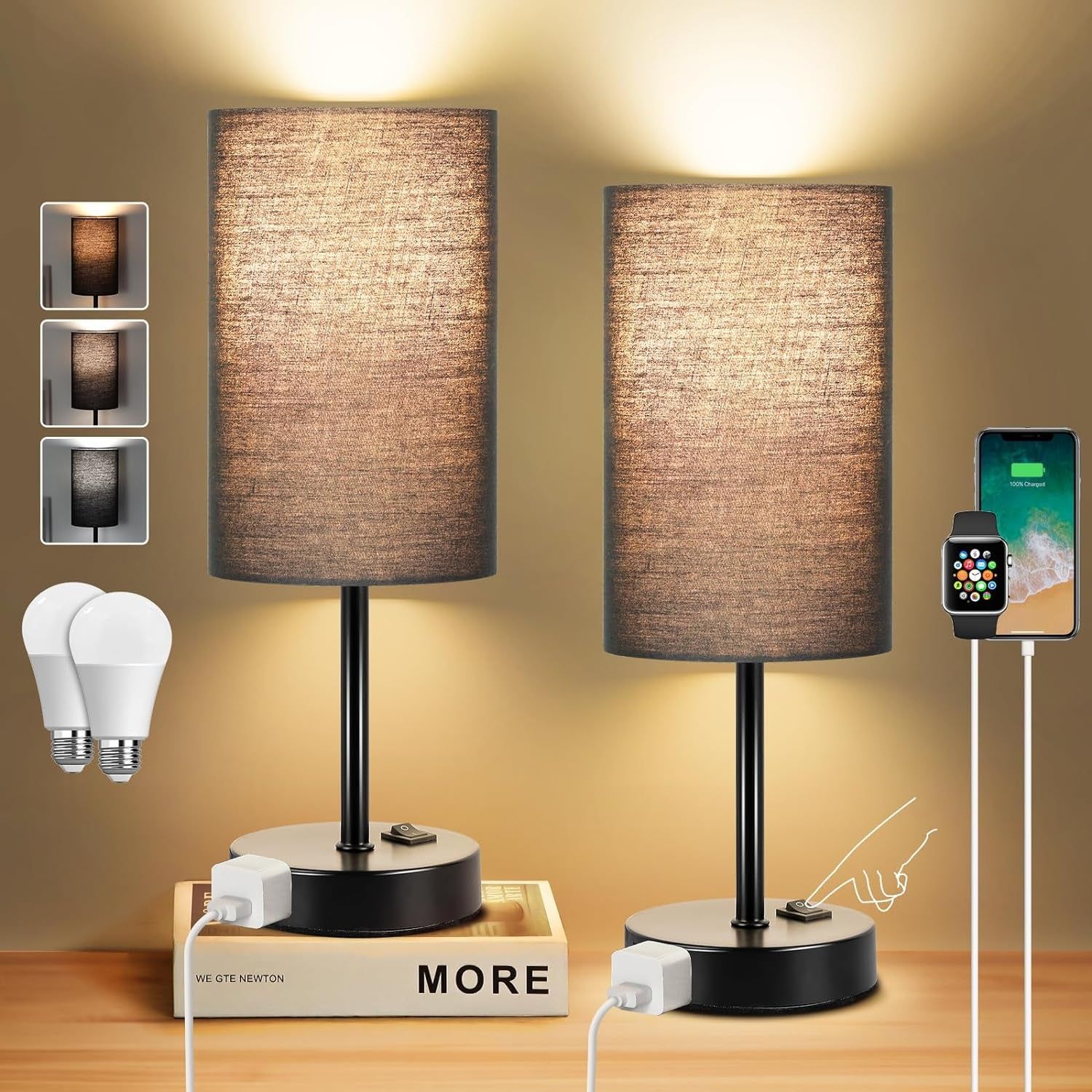 Table Lamp for Bedroom Set of 2, Bedside Small Lamps with 3 Way Dimmable Rocker Switch and AC Outlet, Nightstand Desk Lamp with Black Fabric Shade Black Base for Living Room Home Decor Lights
