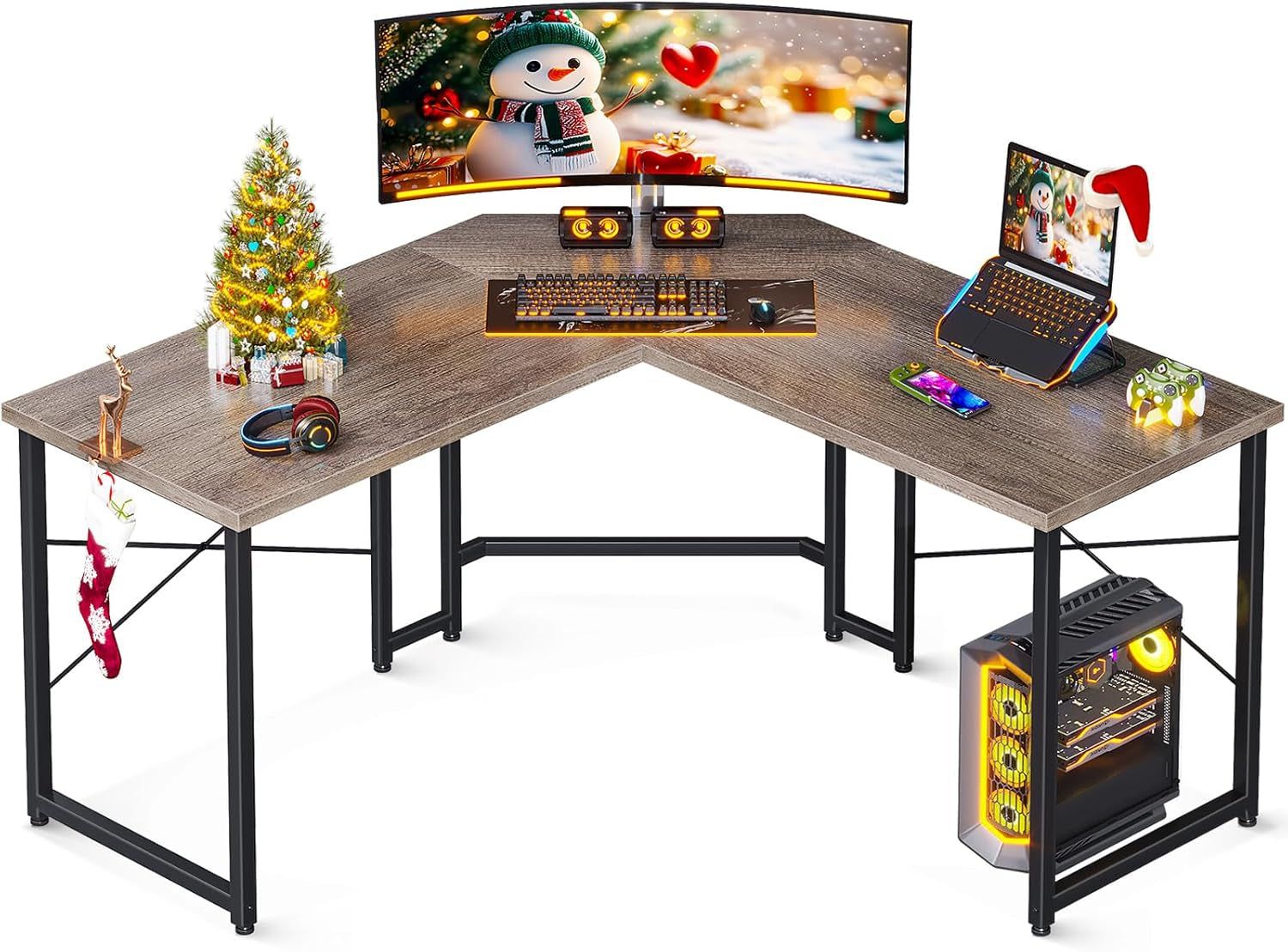 L Shaped Gaming Desk, Corner Desk Gaming Table for Home Office, Computer Desk Sturdy Writing Workstation for Small Space, Easy to Assemble, 51 Inch, Grey Oak