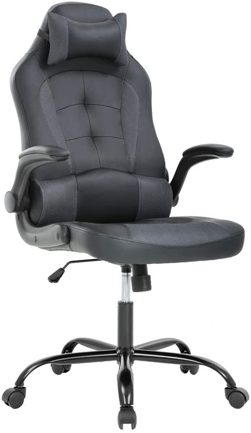 PC Gaming Chair Ergonomic Office Chair Desk Chair with Lumbar Support Flip up Arms Headrest PU Leather Executive High Back Computer Chair for Adults Women Men (Grey)