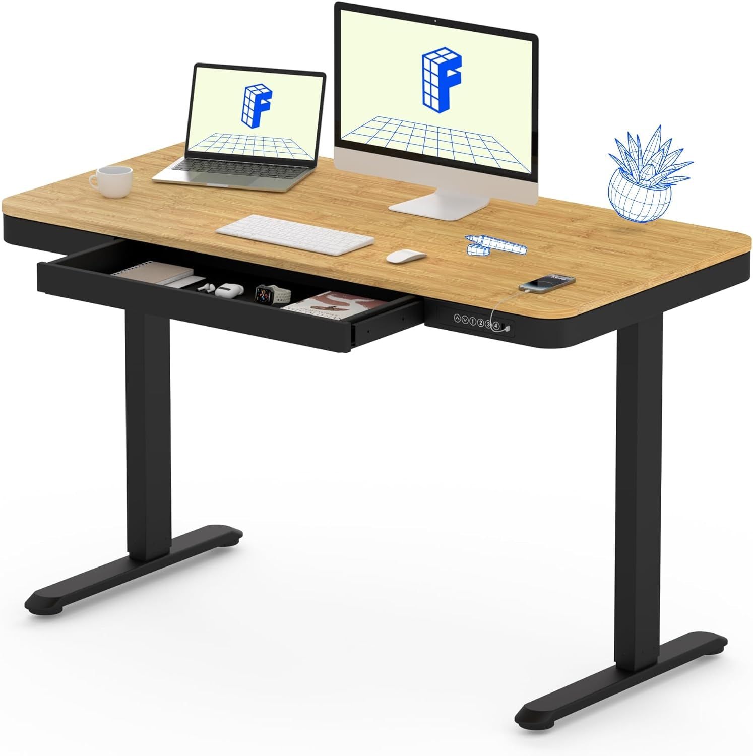 Comhar Electric Standing Desk with Drawer Desktop &amp; Adjustable Frame W/Usb Charge Ports (Bamboo Texture/Black, Wood)