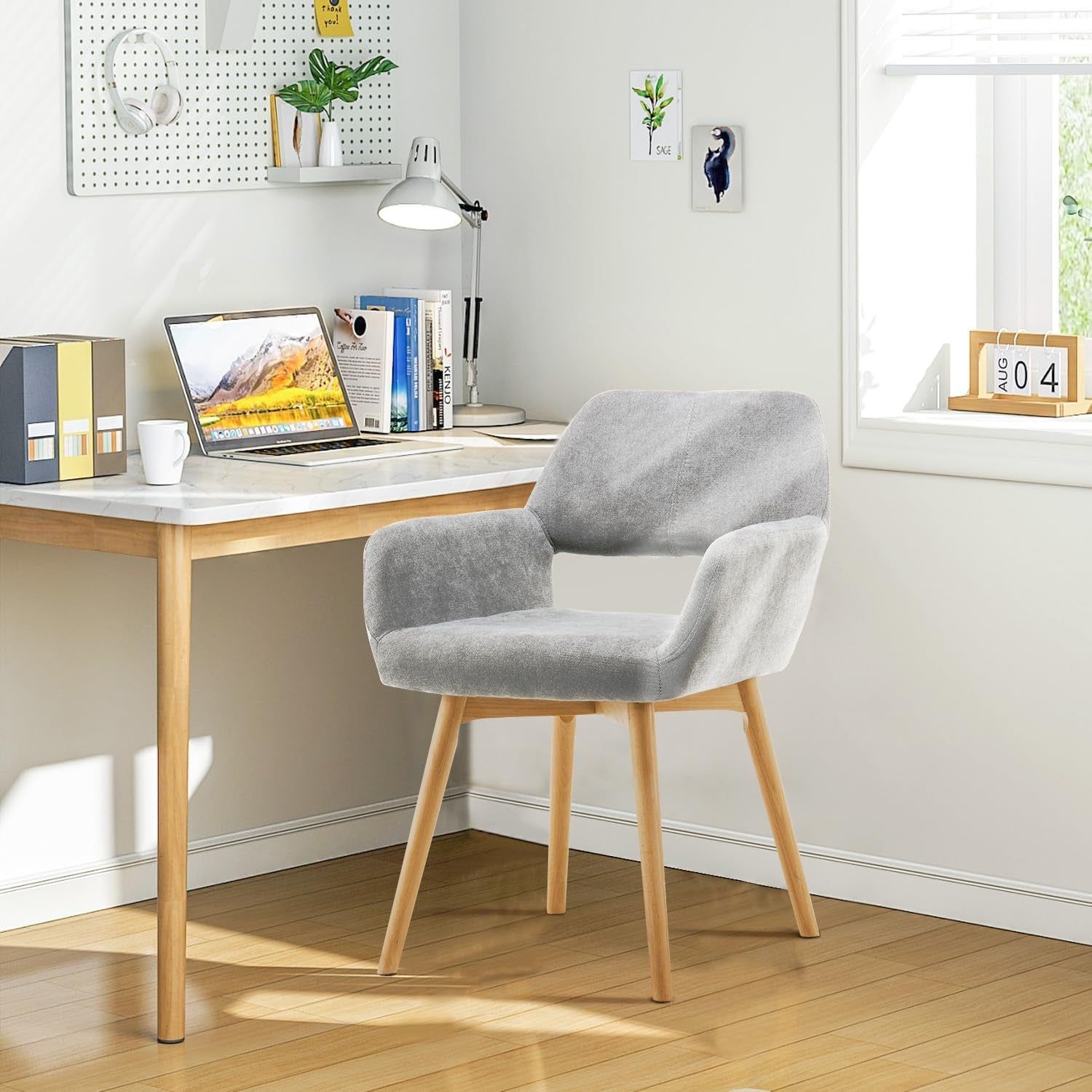 Desk Chair No Wheels Comfy Accent Chair for Living Dining Room Bedroom Vanity Chair Makeup Chair Home Office Mid Century Modern Upholstered Arm Chair Sofa Chair (Gray, 1)