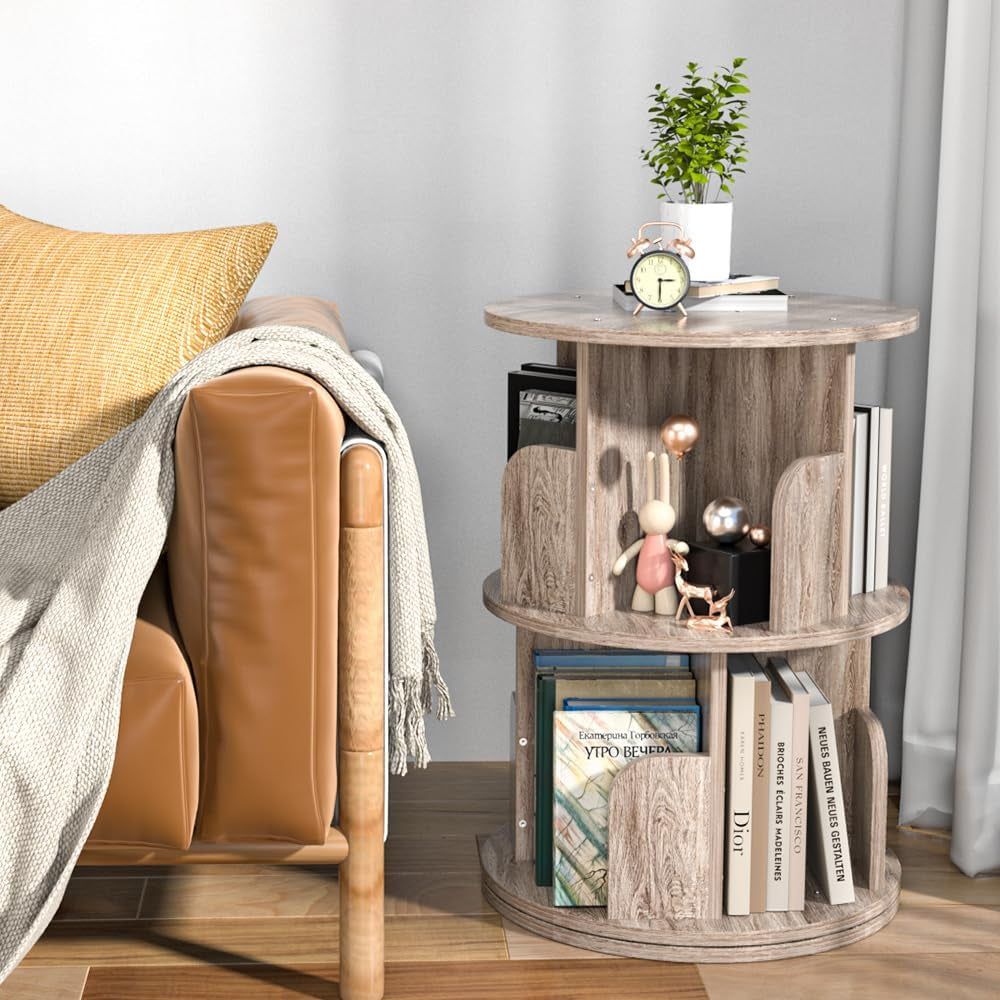 Small Rotating Bookshelf, 2 Tier Revolving Bookcase 360° Display round Bookshelf Narrow Swivel Corner Book Shelf Standing Bookcase Adult Bedroom