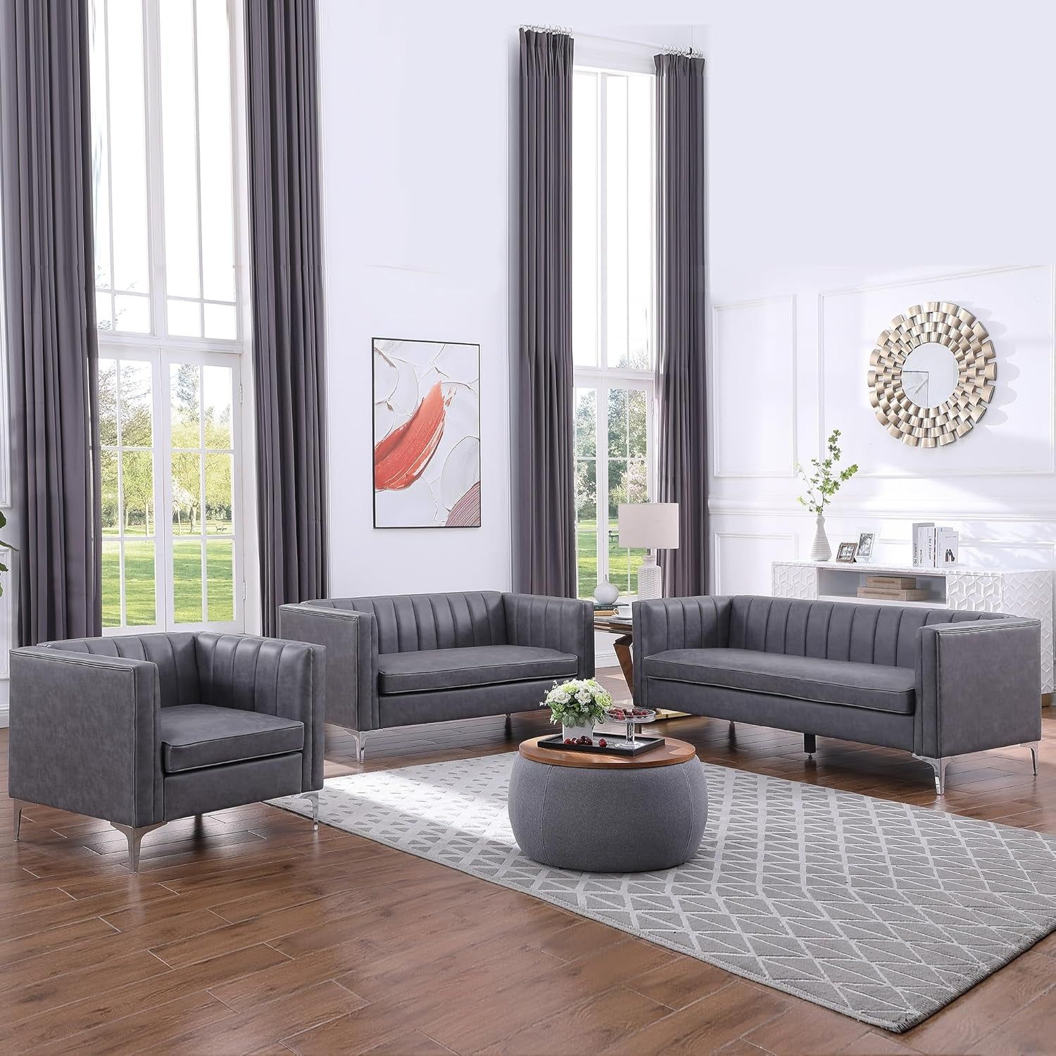 3 Pieces Living Room Furniture Small Sofa Set, Faux Leather Comfy Couch Set Modern Minimalist Upholstered with Metal Legs for Bedroom, Apartment Office, Grey