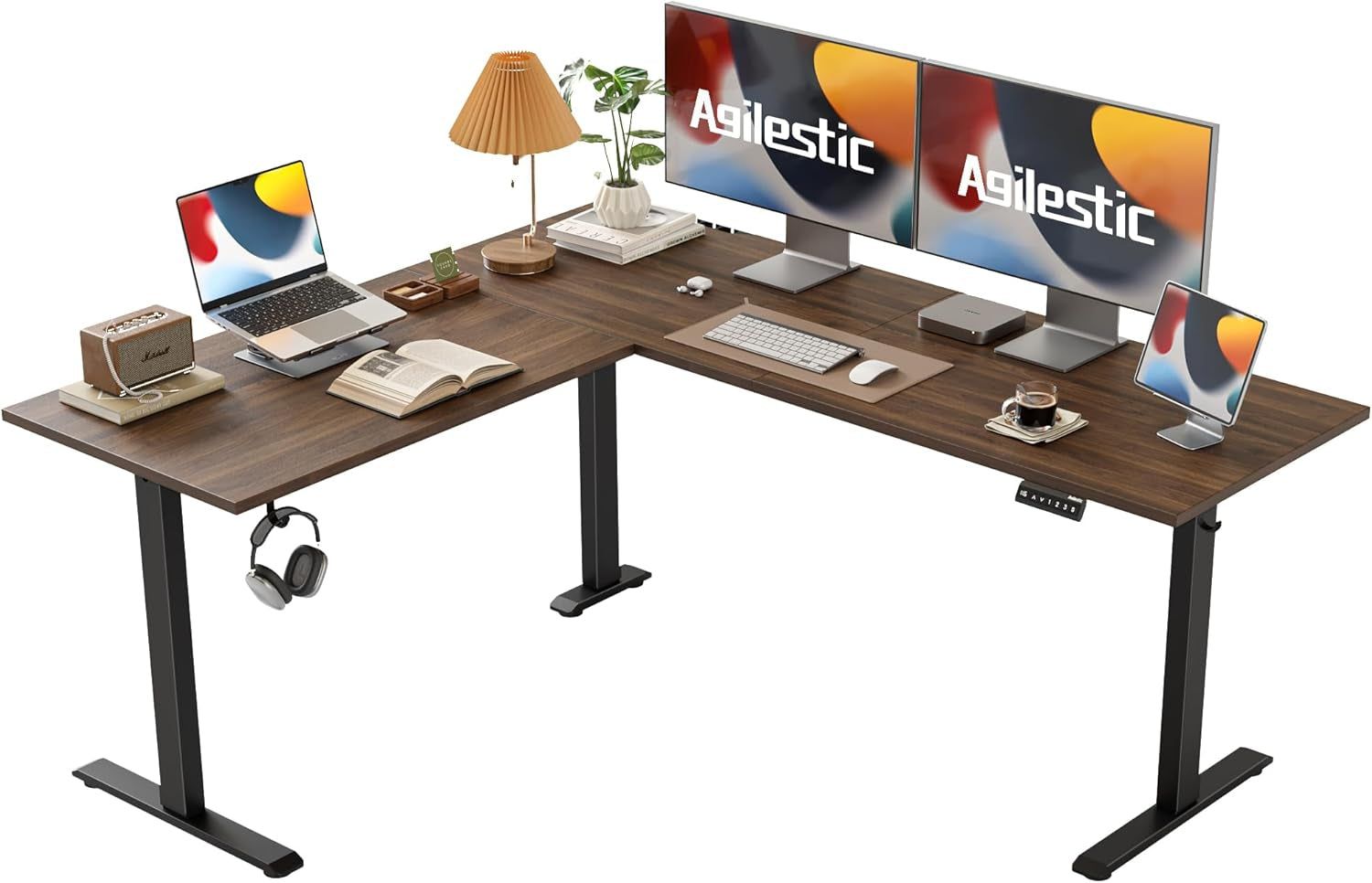 L Shaped Standing Desk Adjustable Height, Electric Corner Standing Desk, 63 X 55 Inch Sit Stand Computer Table with Splice Board, Dark Wlalnut