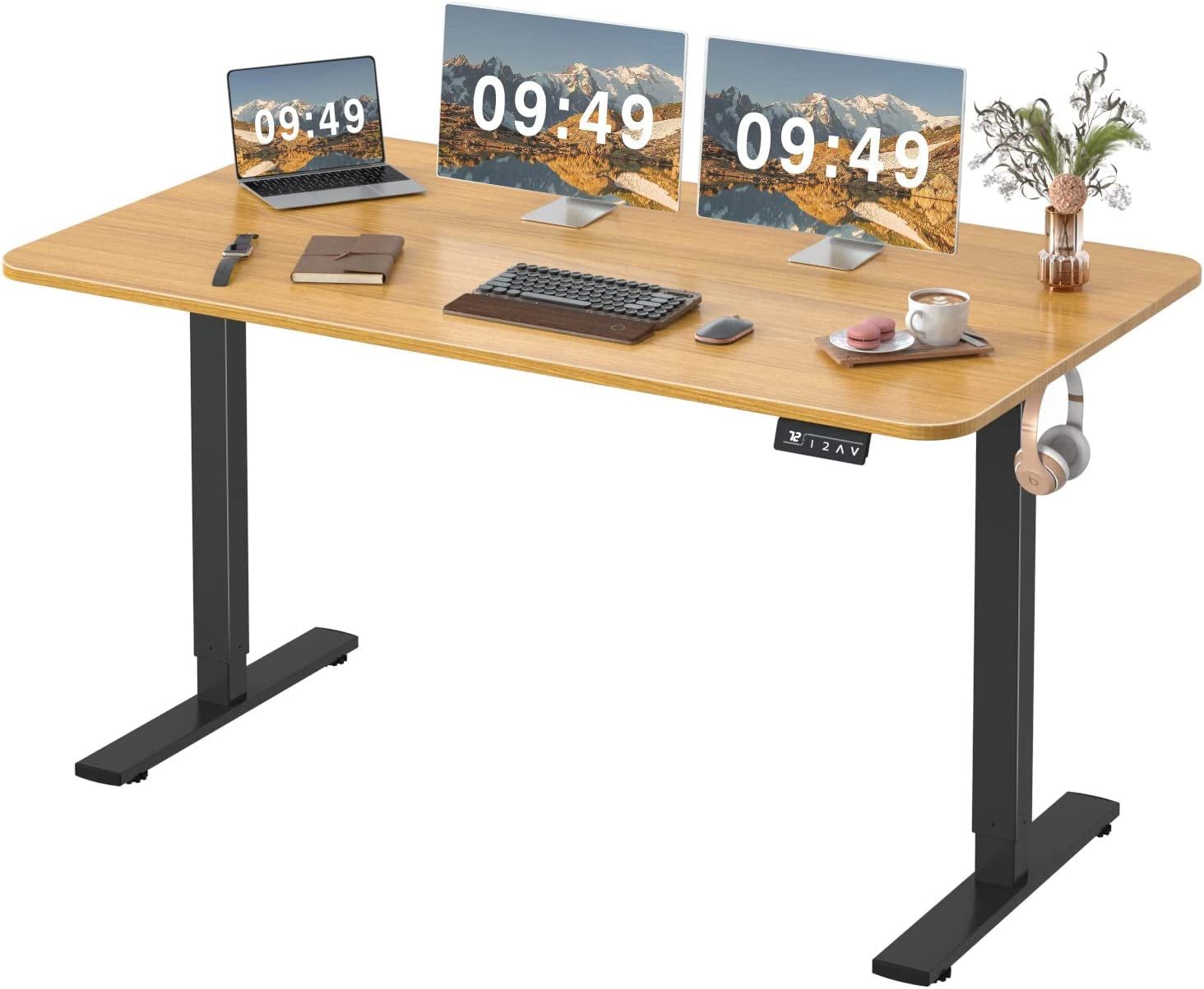Electric Height Adjustable Standing Desk Large 55 X 24 Inches Sit Stand up Desk Home Office Computer Desk Memory Preset with T-Shaped Metal Bracket, Maple