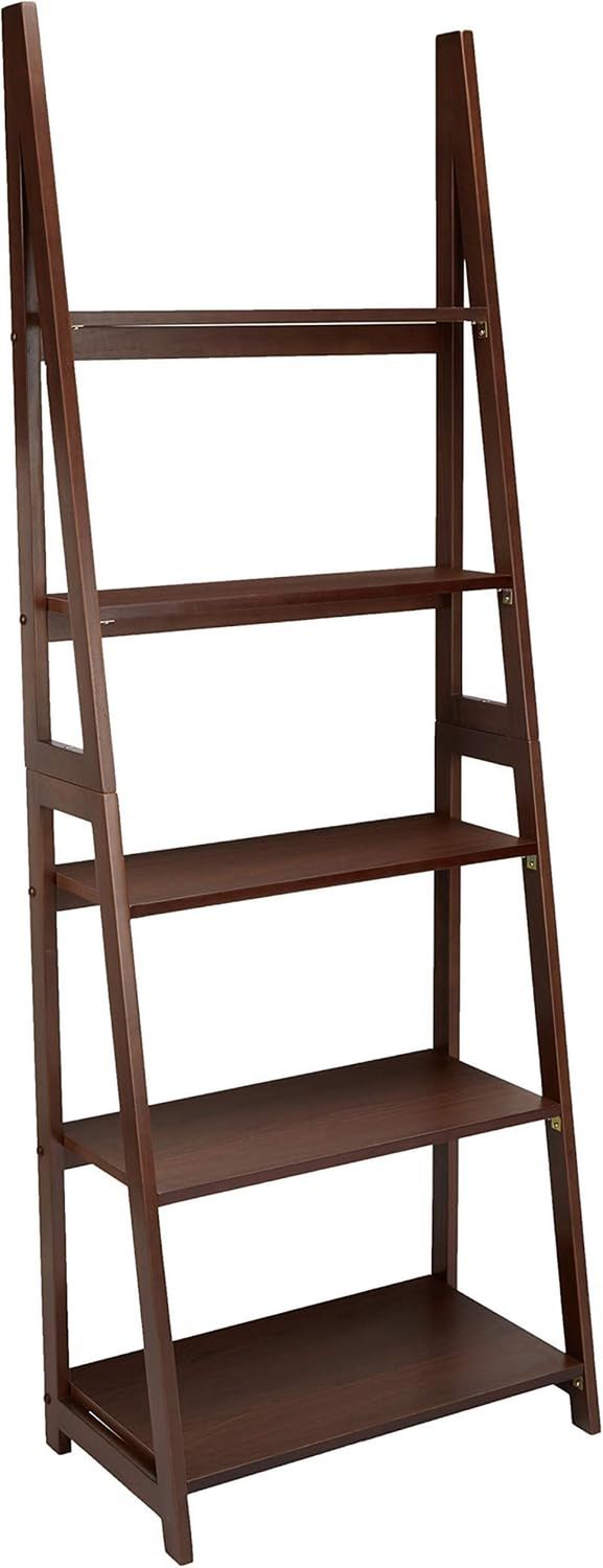 Ladder Bookshelf Organizer, 5-Tier, Solid Rubberwood Frame, Walnut Finish, 14&quot; D X 24.8&quot; W X 70.1&quot; H