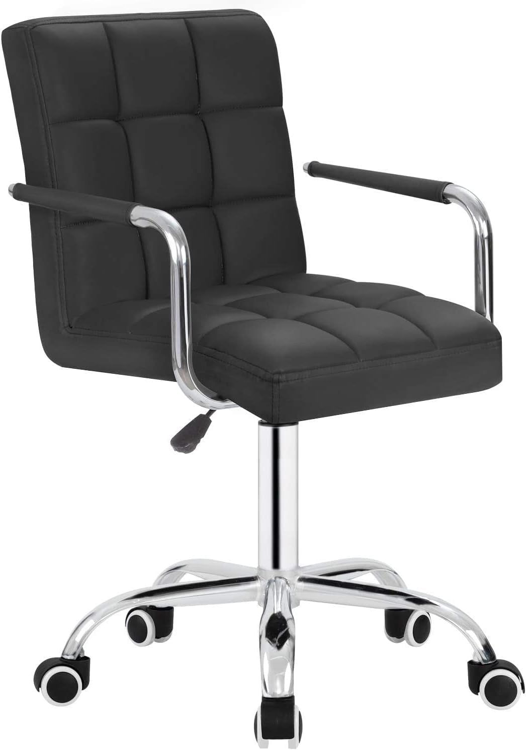 Desk Chair Modern Office Chair with Wheels Vanity Chair PU Leather Mid-Back Rolling Chair Cute Chair for Office, Teen, and Bedroom Desks (Black)