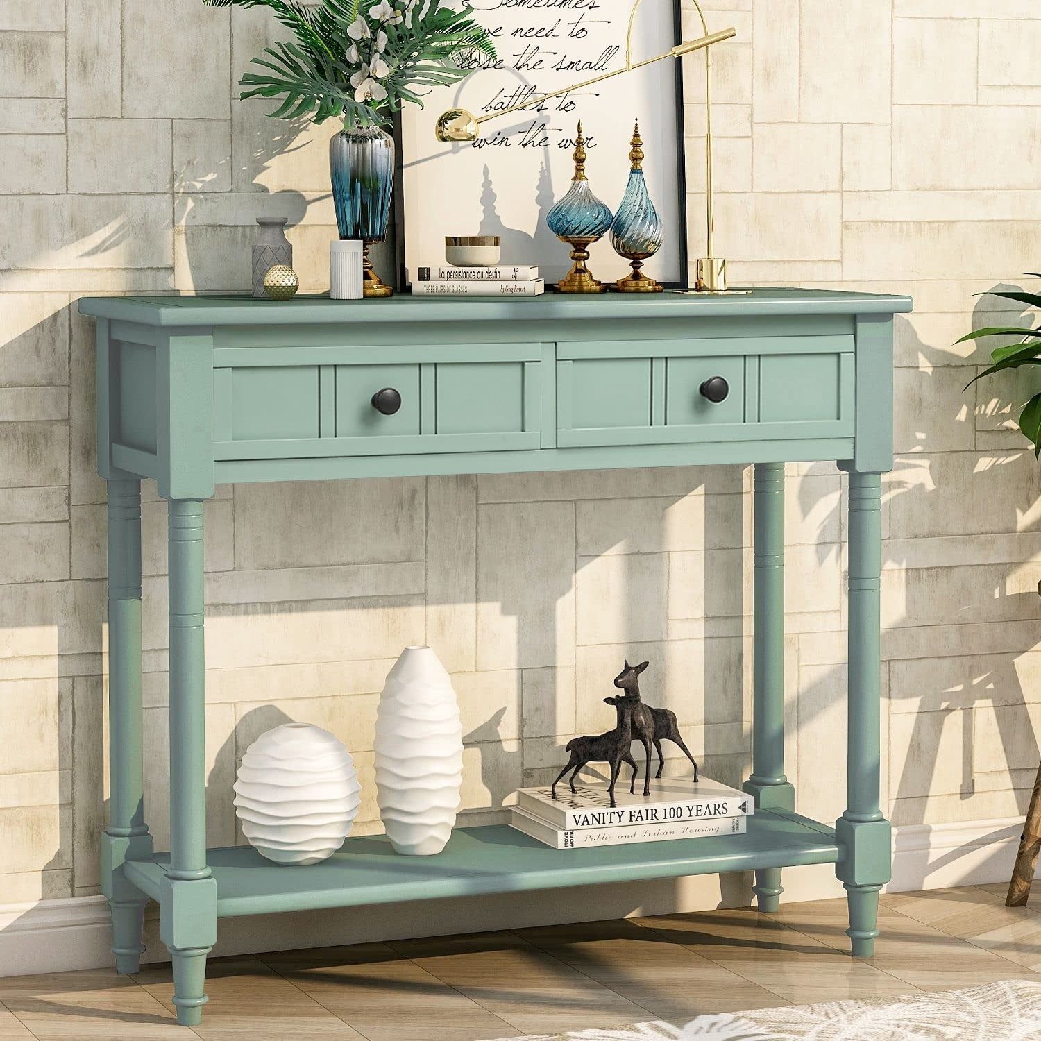 Rustic Green Console Table with Storage Drawers